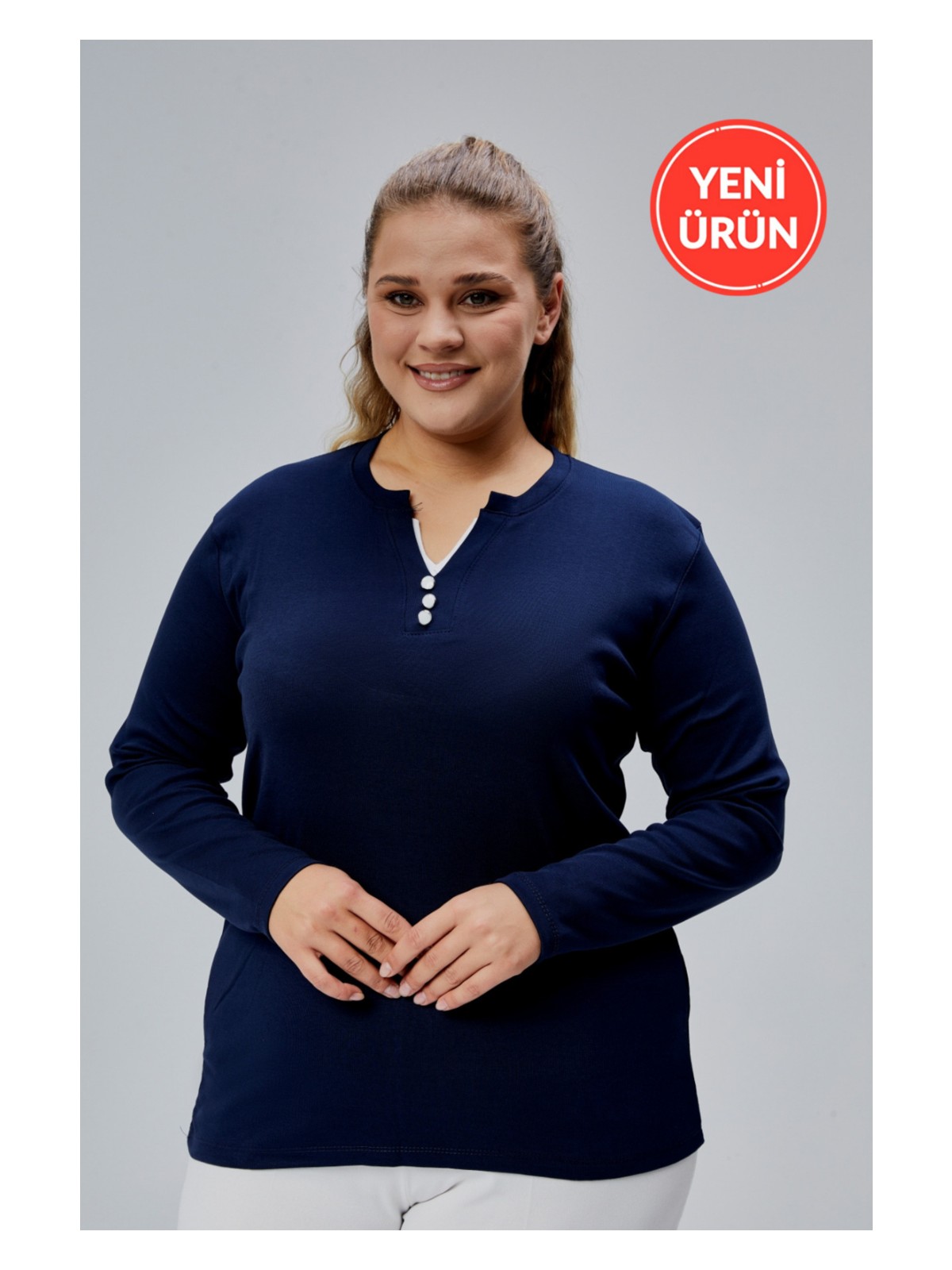 Banega Curve Büyük Beden %100 Pamuklu Likralı Bisiklet Yaka Basic Düz Uzun Kol Lacivert Bluz