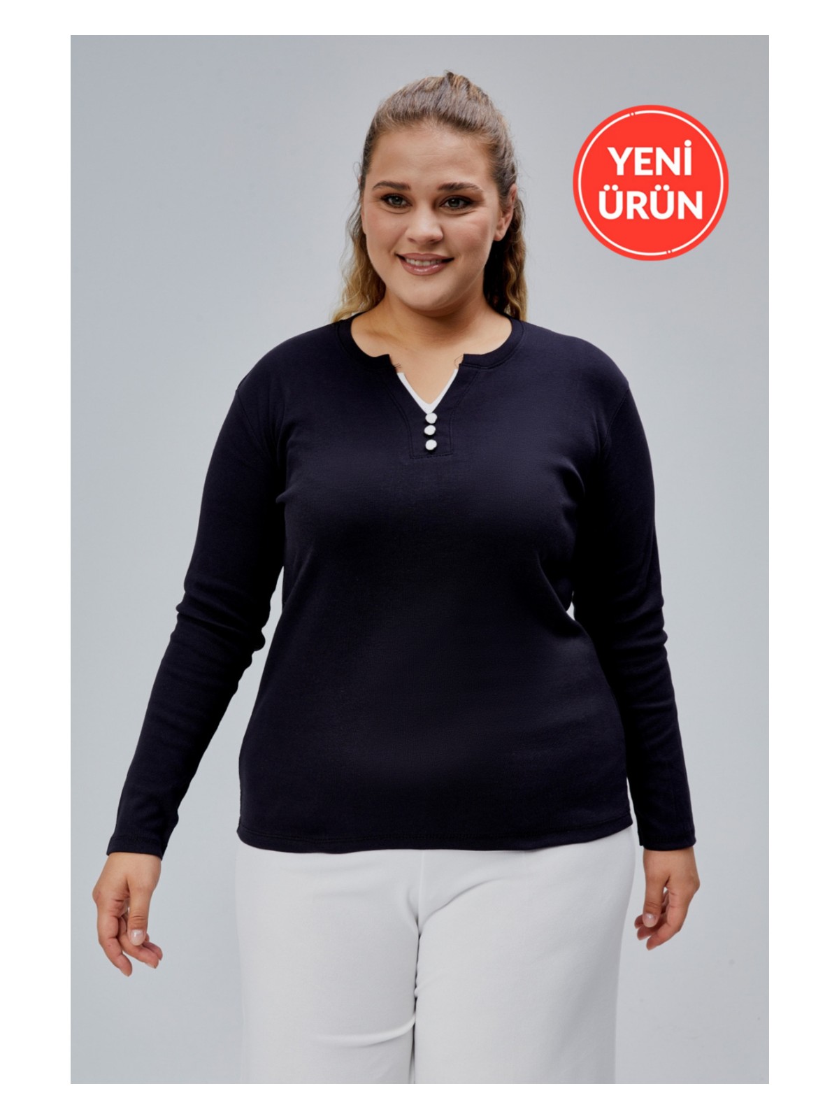 Banega Curve Büyük Beden %100 Pamuklu Likralı Bisiklet Yaka Basic Düz Uzun Kol Lacivert Bluz - Görsel 4