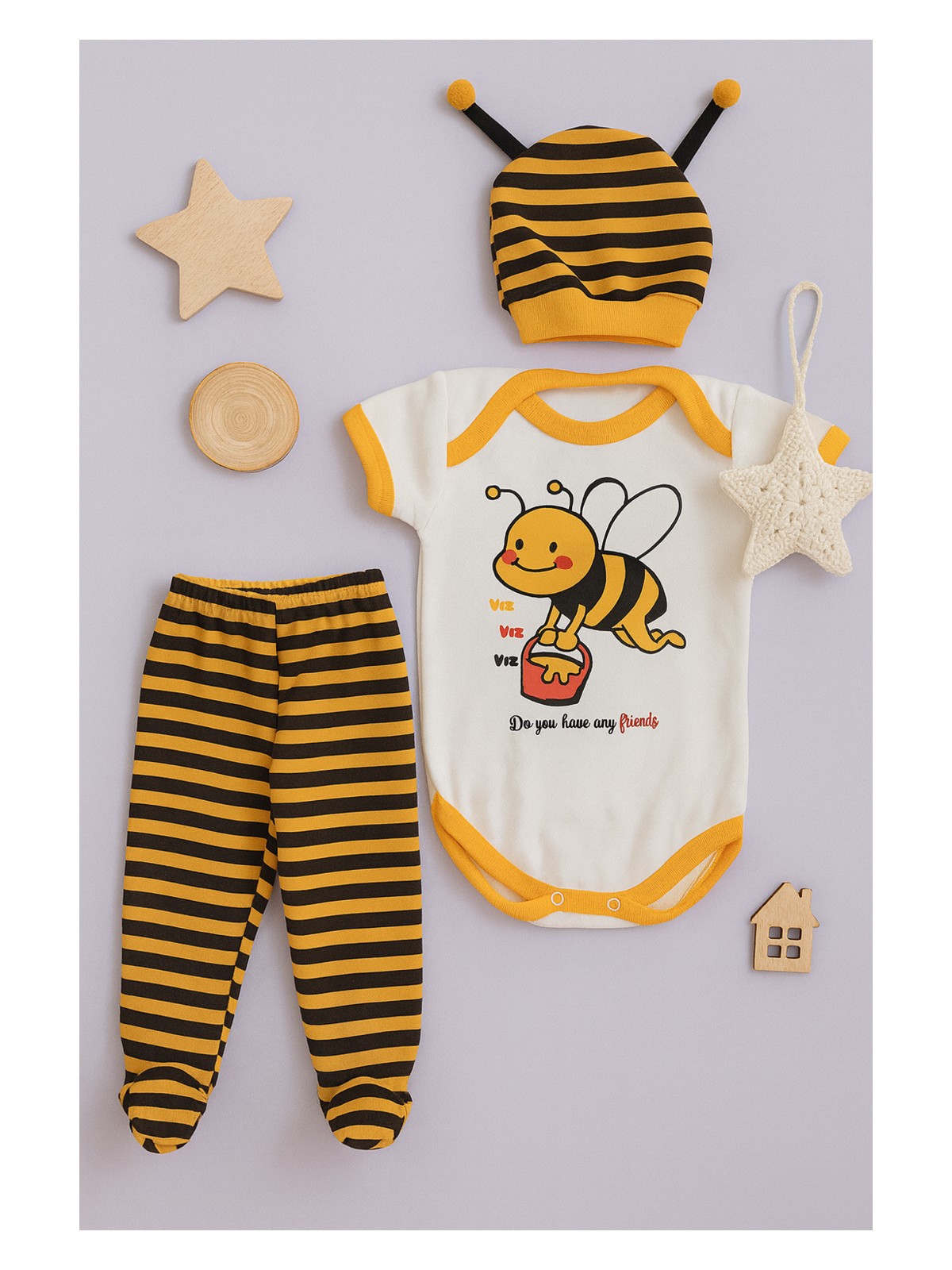 Kiddy Boo 3 Lü Set %100 Pamuk 3-6 / 6-9 / 9-12 Ay Unisex Kız Erkek Arılı Zıbınlı Takım