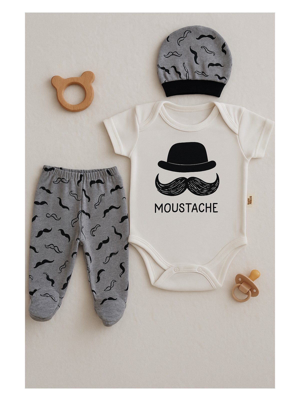 Kiddy Boo 3 Lü Set %100 Pamuk 3-6 / 6-9 / 9-12 Ay Erkek Bebek Bıyıklı Zıbınlı Takım