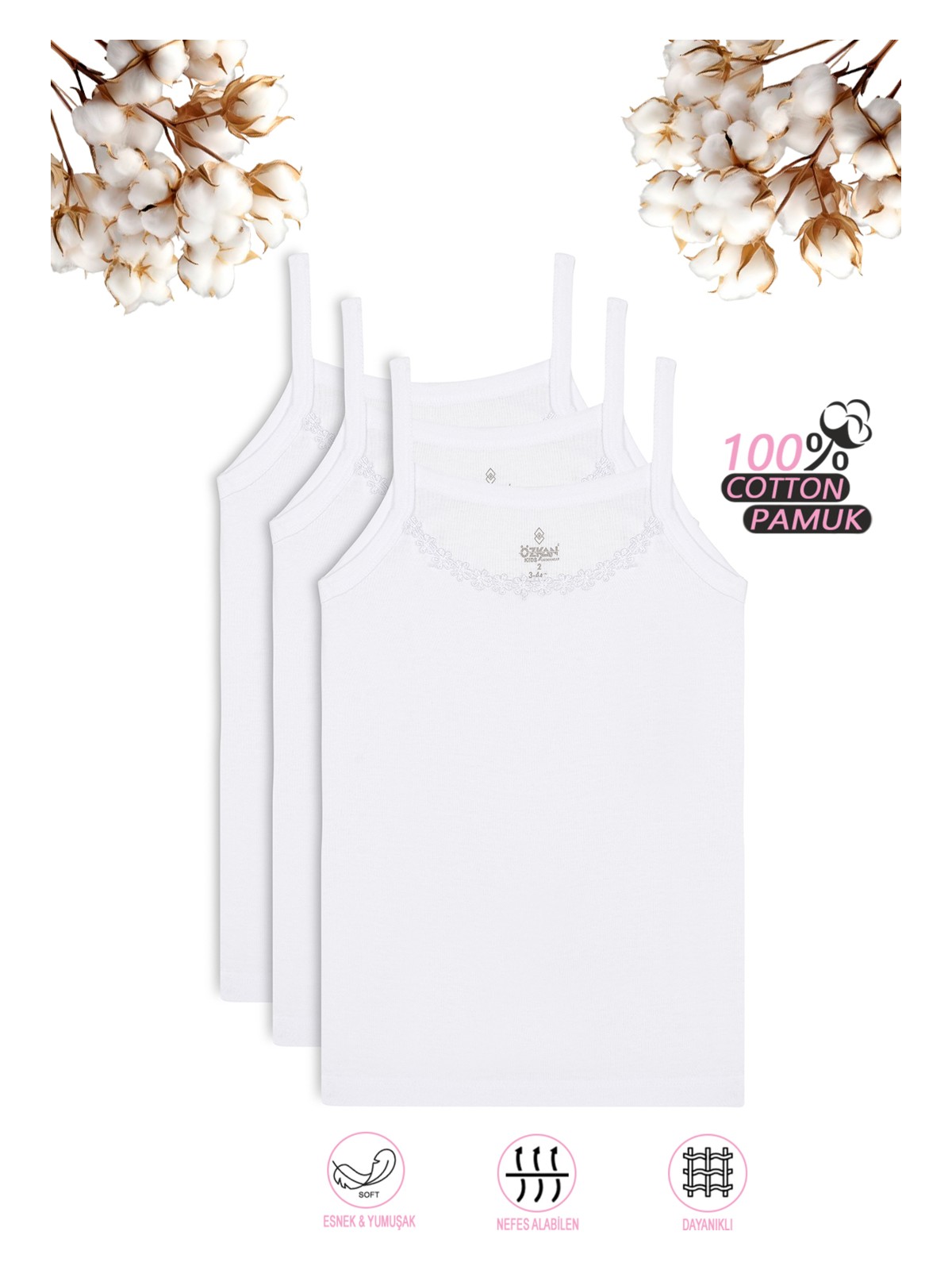 Özkan Underwear 0805 3'lü Paket Kız Çocuk %100 Pamuklu Ribana Esnek Rahat Yakası Brode Papatya Detaylı İp Askılı Atlet