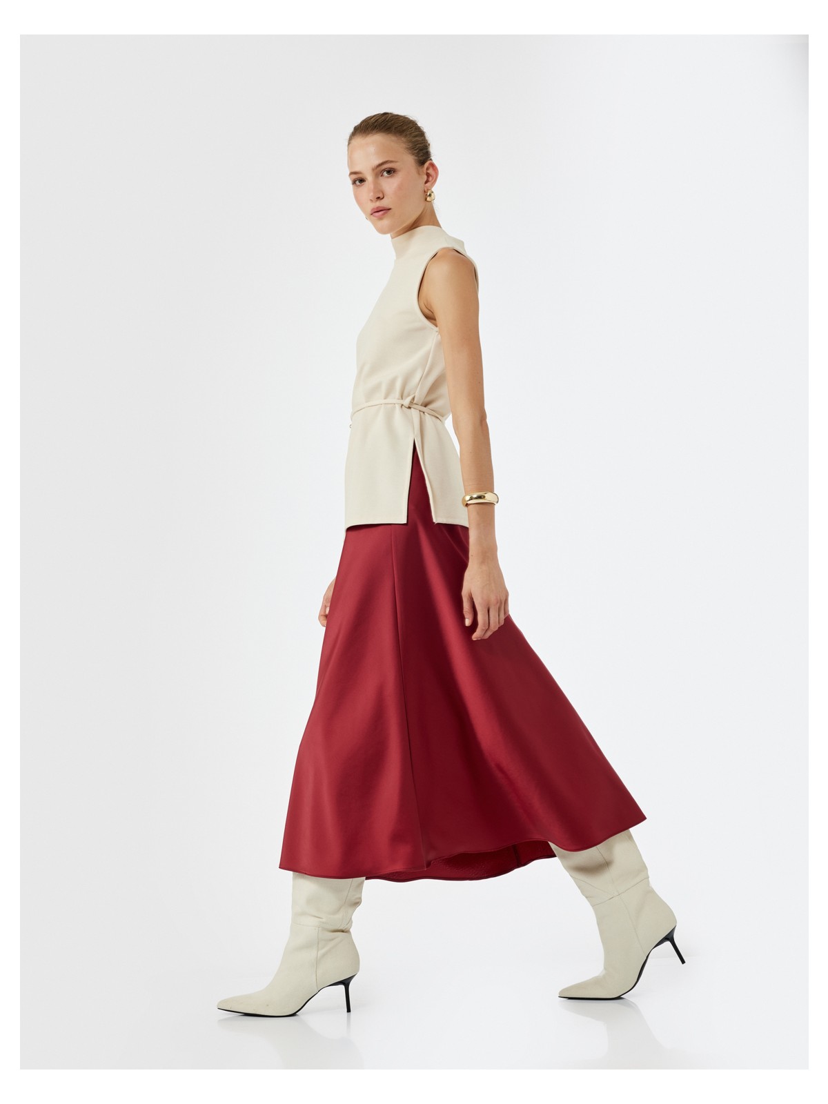 Koton Standart Bel Regular Fit Saten Midi Etek - Görsel 3