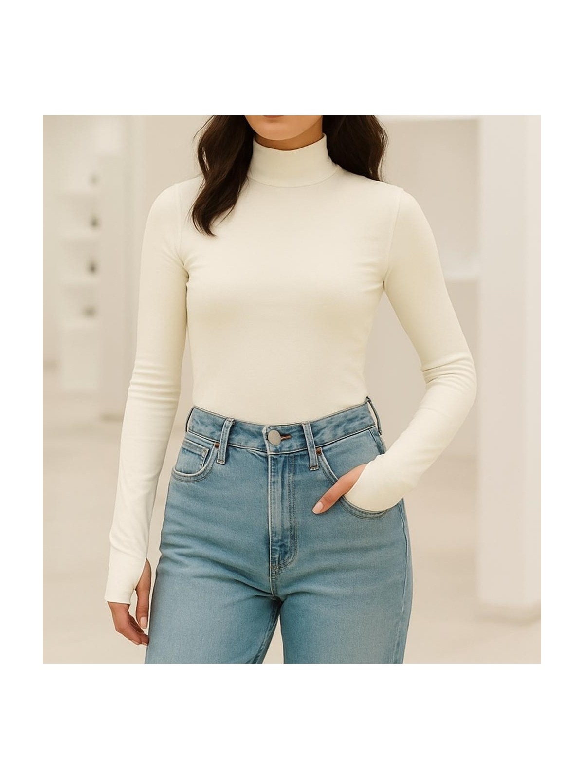 Hayalet Dik Yaka Modal Pamuk Uzun Kol Parmak Geçirmeli Body T-Shirt - Görsel 4