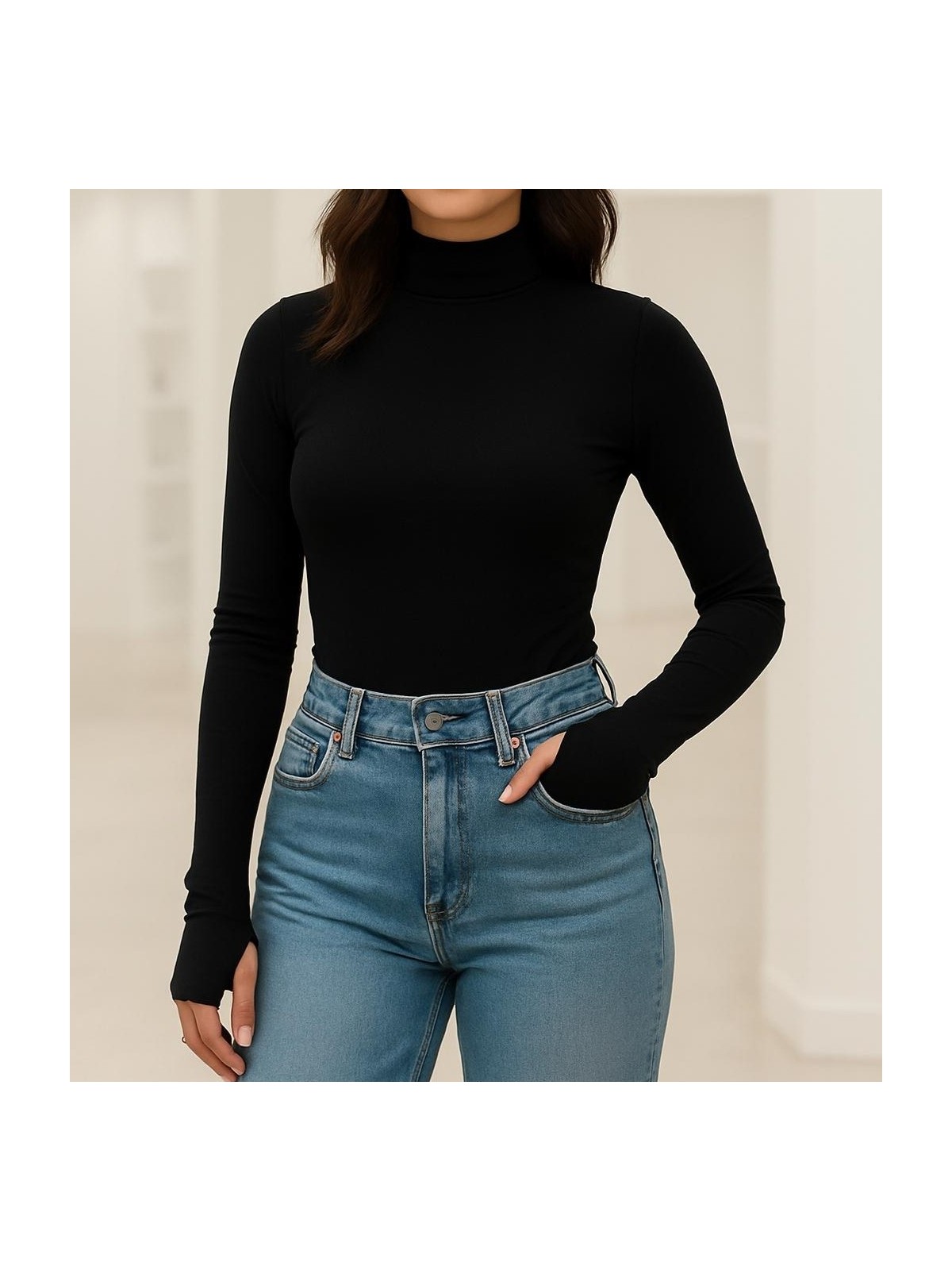 Hayalet Dik Yaka Modal Pamuk Uzun Kol Parmak Geçirmeli Body T-Shirt