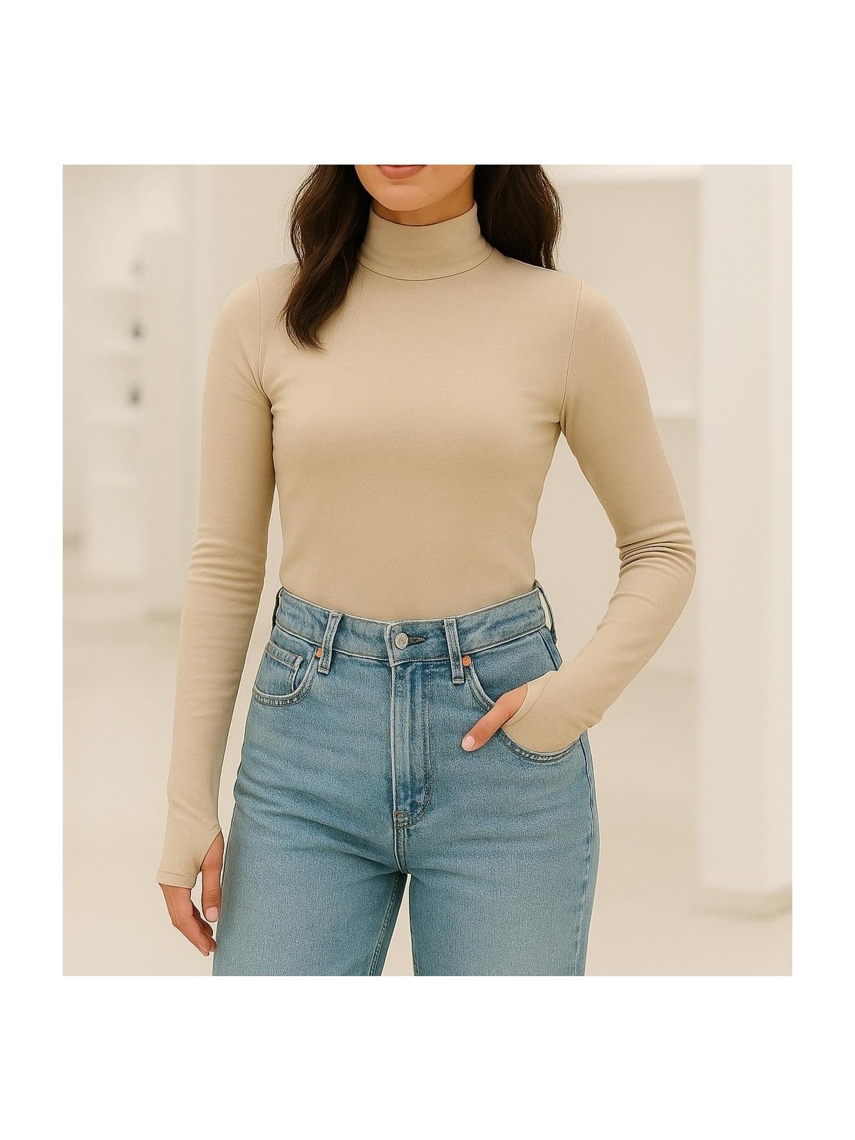 Hayalet Dik Yaka Modal Pamuk Uzun Kol Parmak Geçirmeli Body T-Shirt - Görsel 3