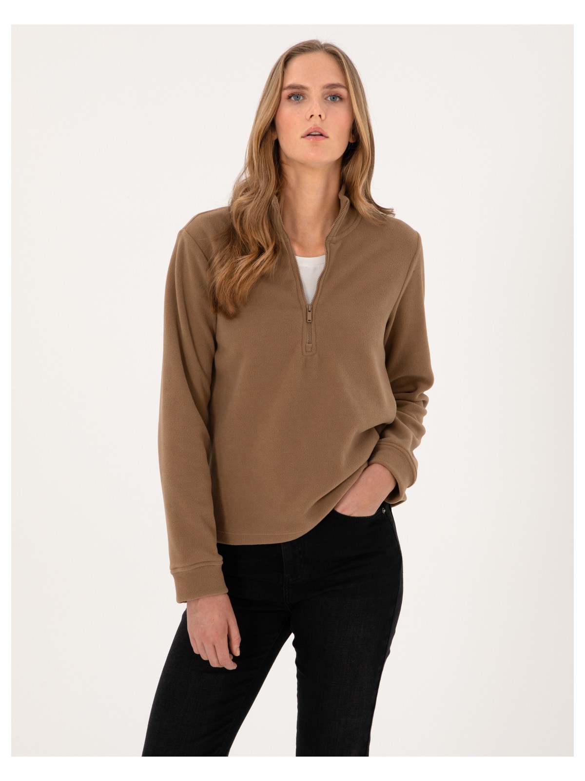 Pierre Cardin Kadın Ekru Comfort Fit Fermuarlı Polar Sweatshirt 50316333-VR019 - Görsel 6