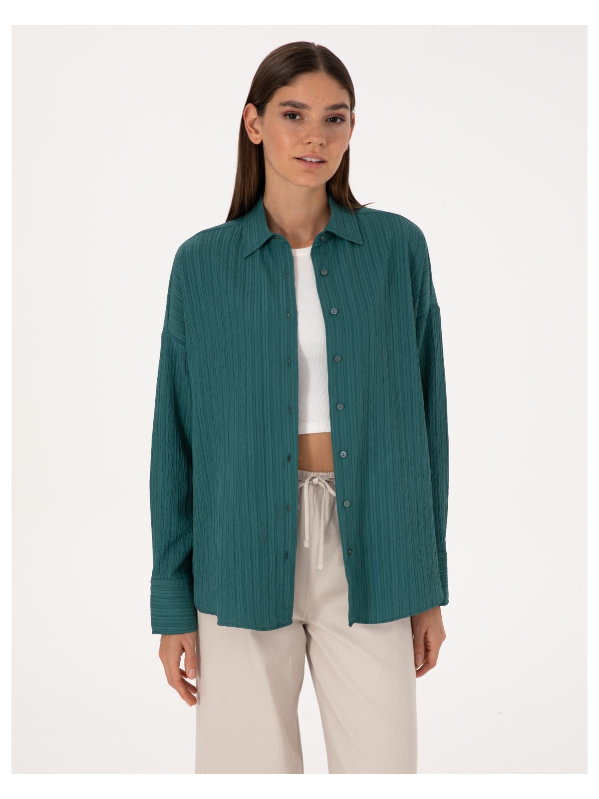 Pierre Cardin Kadın Gri Oversize Uzun Kollu Gömlek 50318232-VR024 - Görsel 5