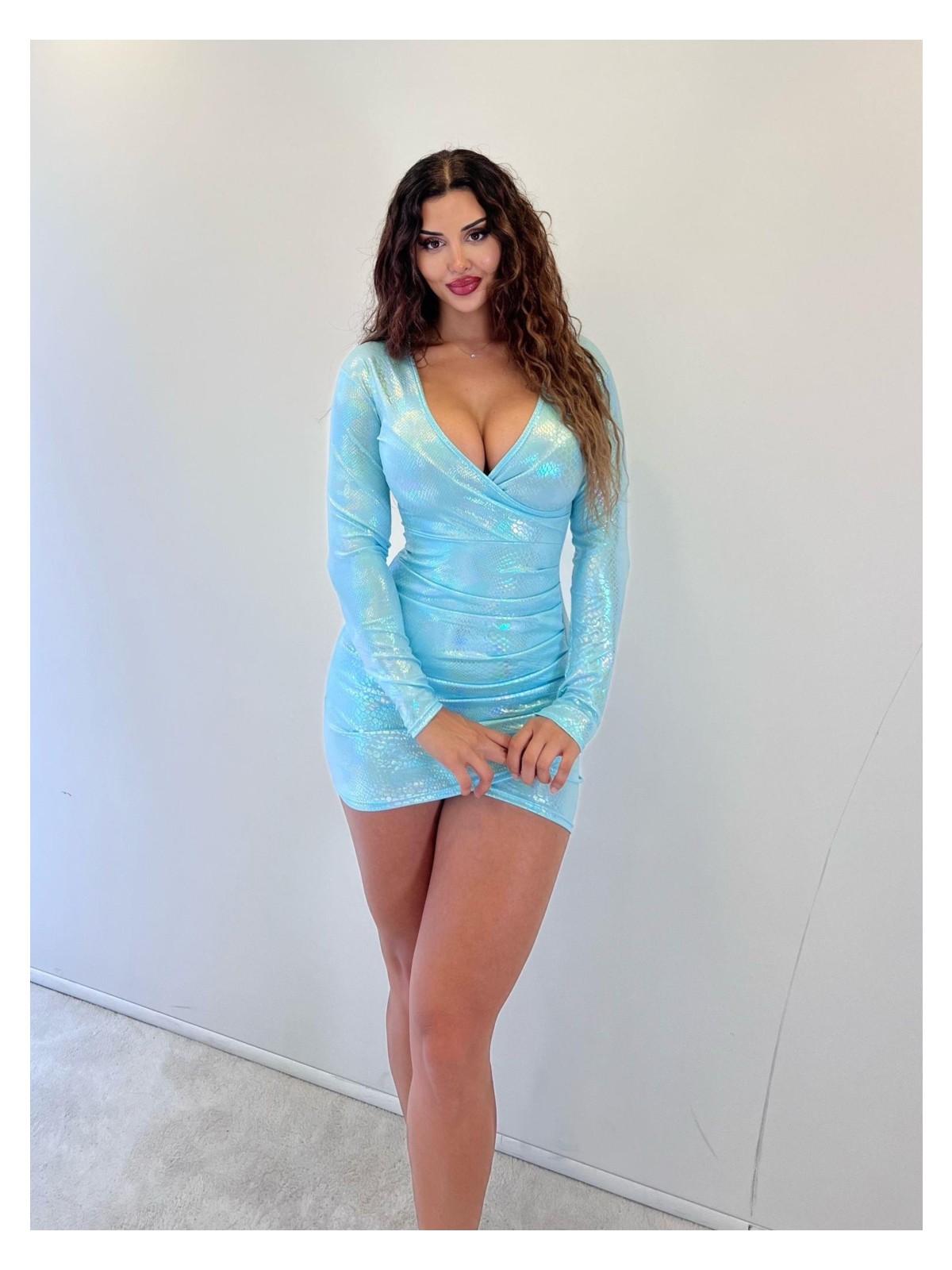 Pink Life Leopar Parlak Lame Km.kruvaze Uzun Kol.mini Elbise - Görsel 4