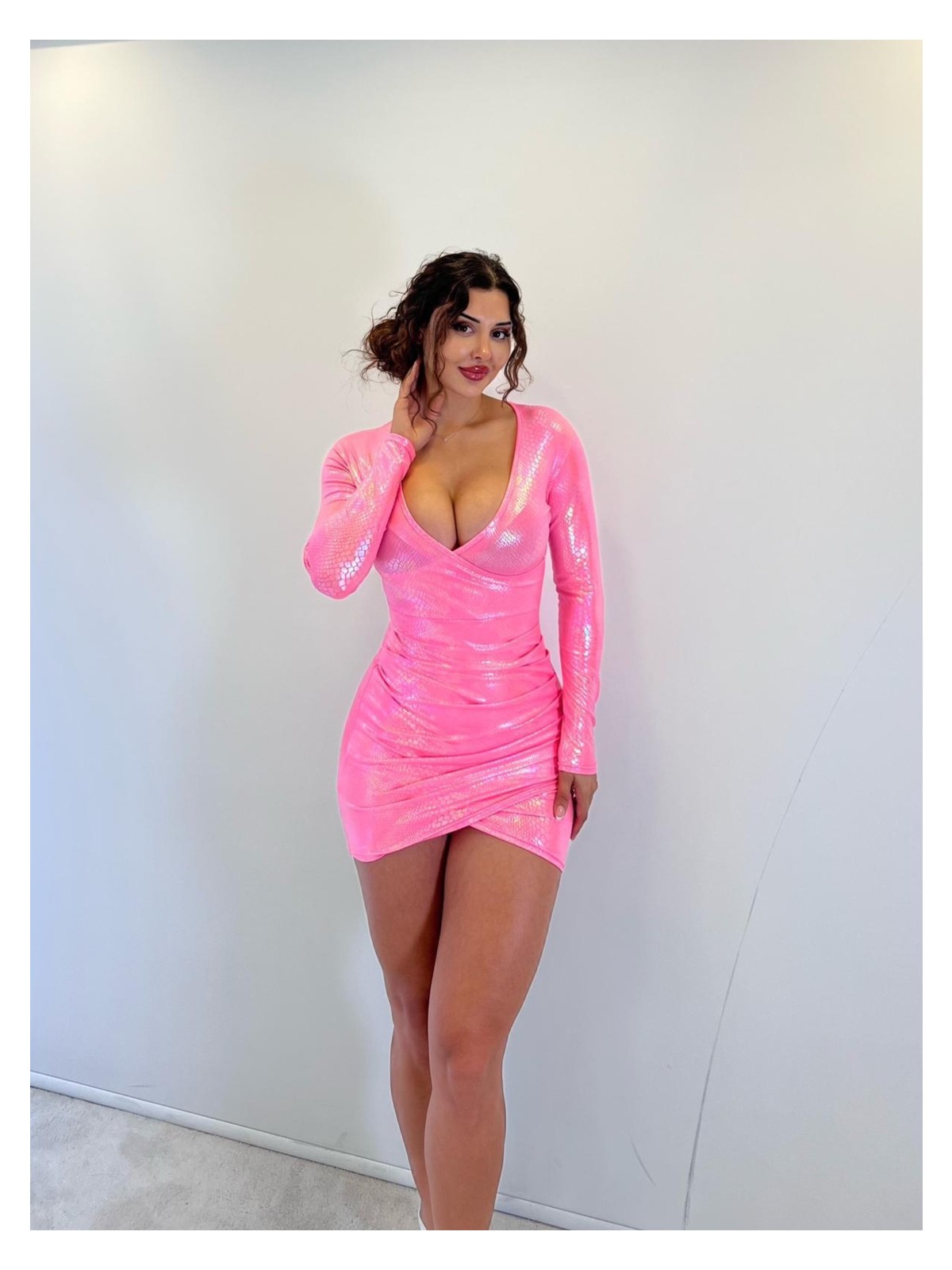 Pink Life Leopar Parlak Lame Km.kruvaze Uzun Kol.mini Elbise - Görsel 7