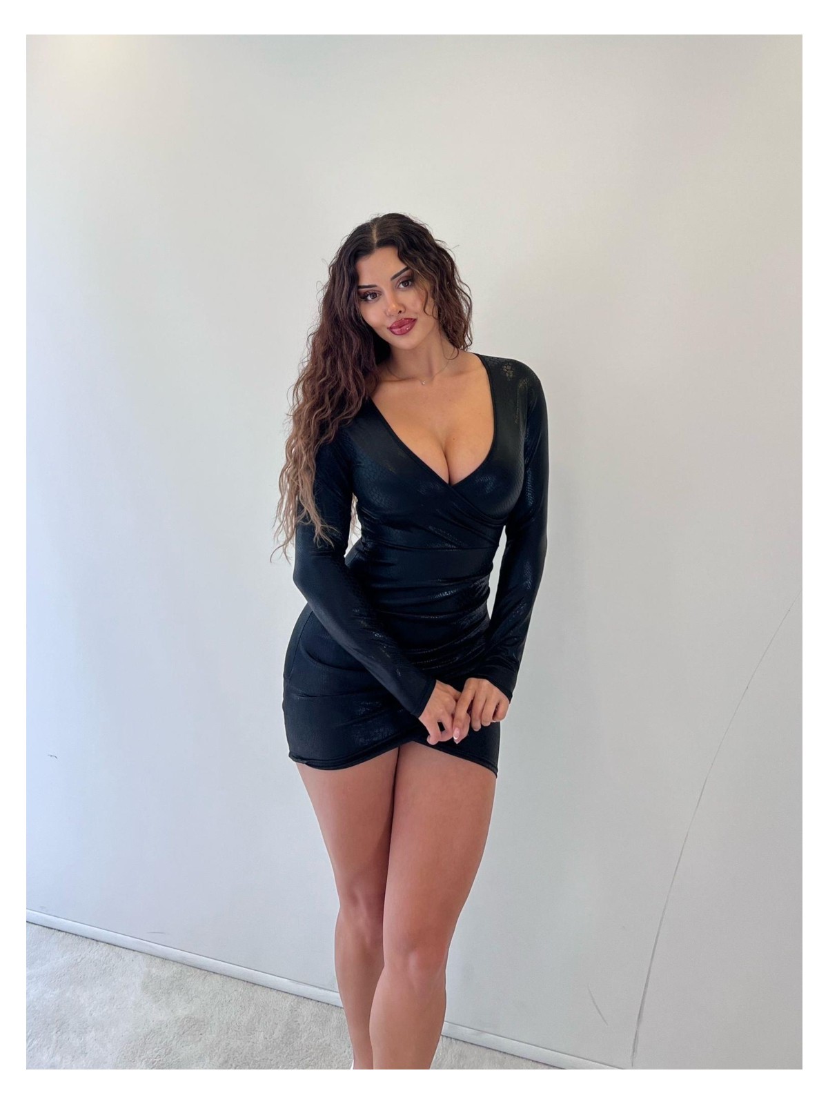 Pink Life Leopar Parlak Lame Km.kruvaze Uzun Kol.mini Elbise - Görsel 8