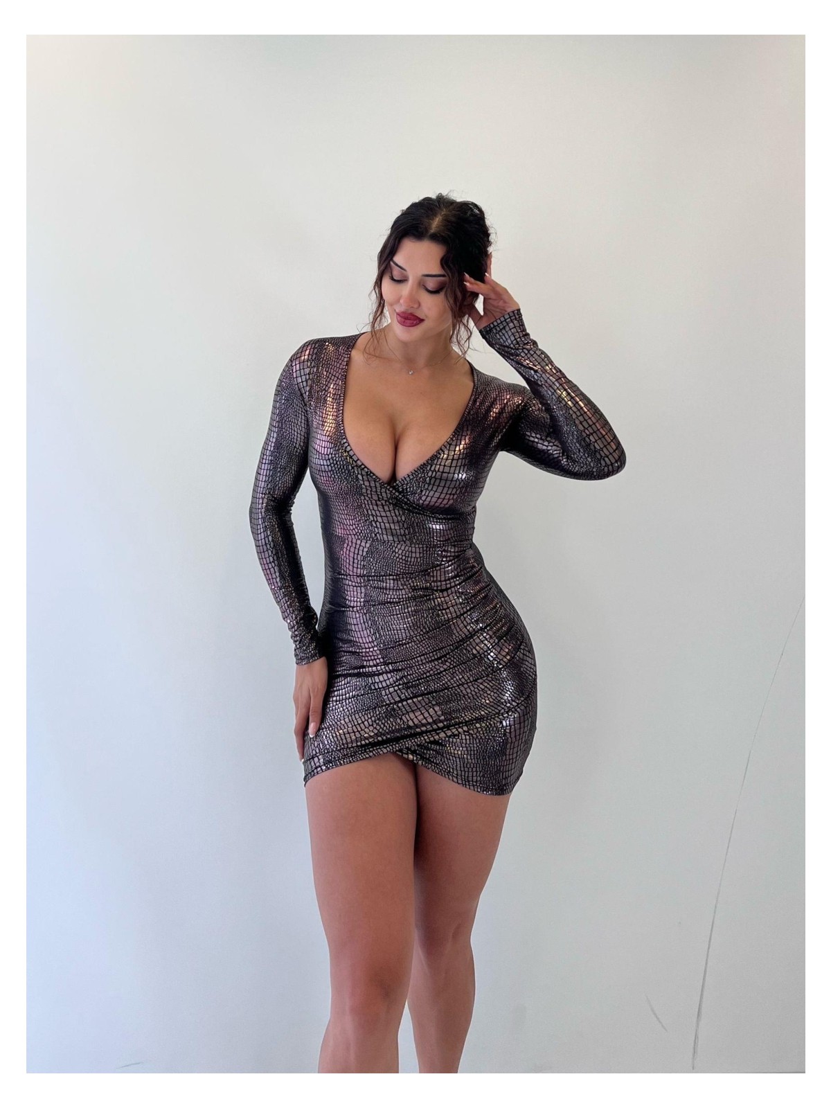 Pink Life Leopar Parlak Lame Km.kruvaze Uzun Kol.mini Elbise - Görsel 9