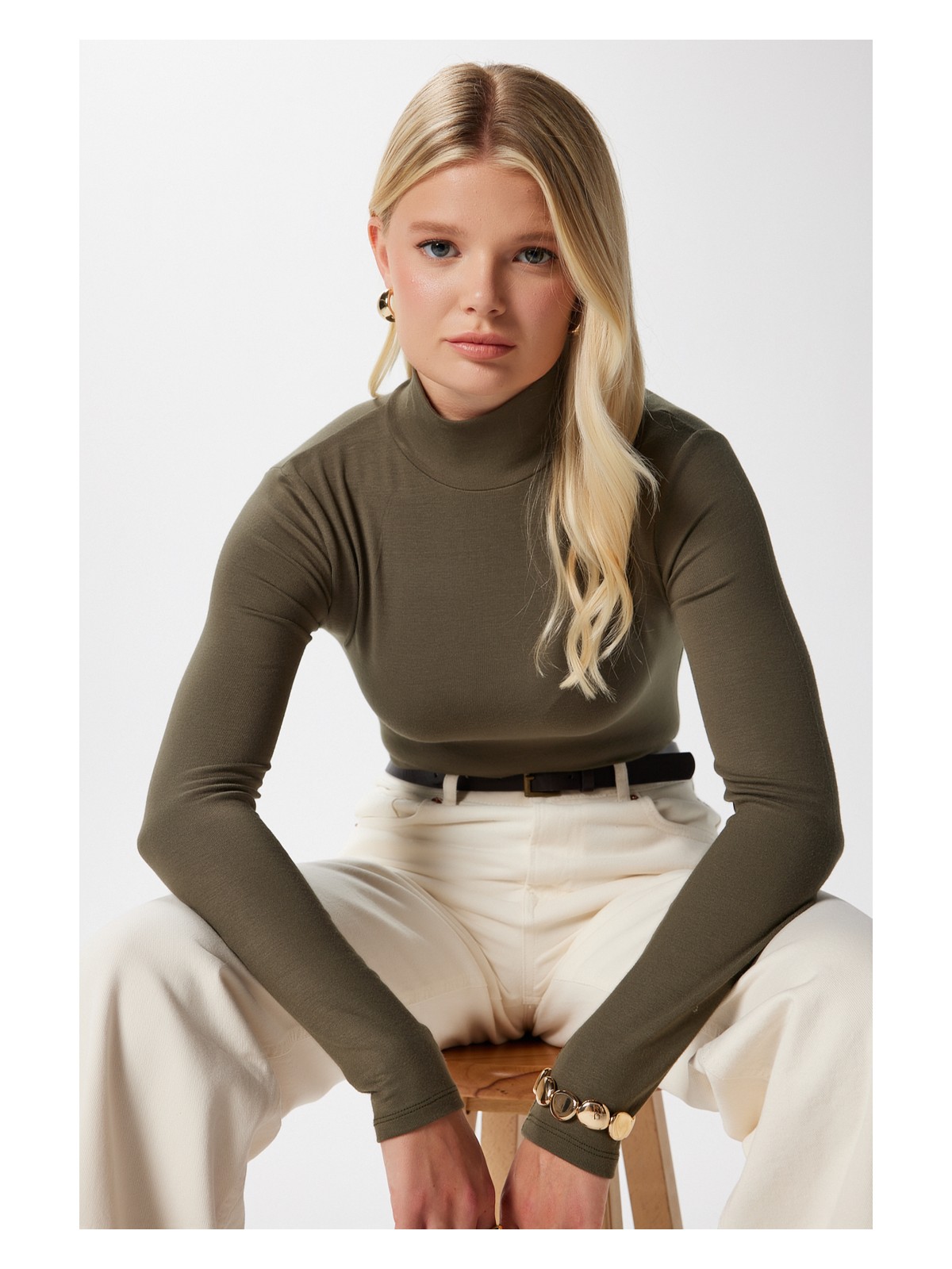 Ritnice Kadın Feel Lux Touch Dik Yaka Bej Uzun Kol Soft Bluz - Görsel 4