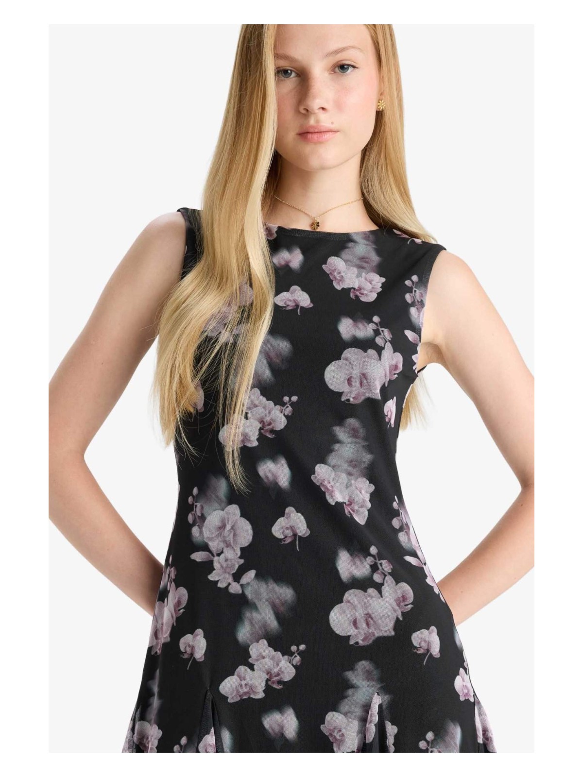 DeFacto Bisiklet Yaka Desenli Tül Kolsuz Mini Elbise F0415AX25WN - Görsel 3