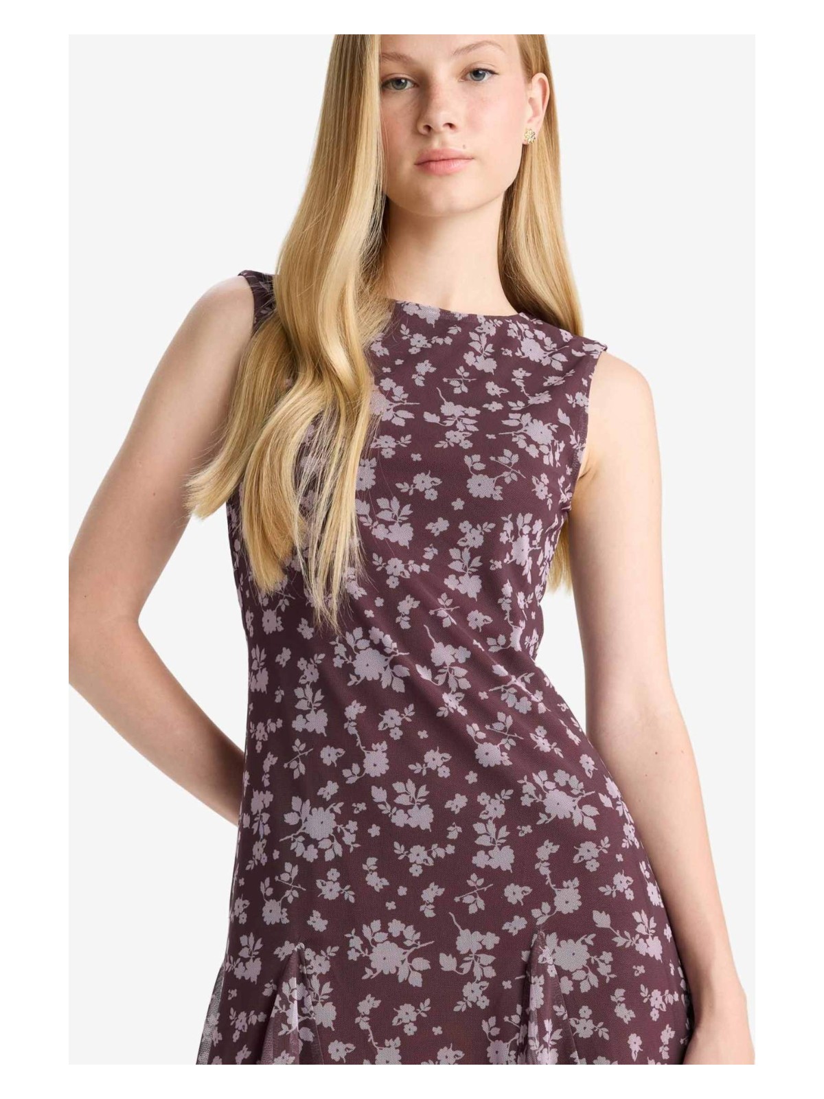 DeFacto Bisiklet Yaka Desenli Tül Kolsuz Mini Elbise F0415AX25WN - Görsel 4