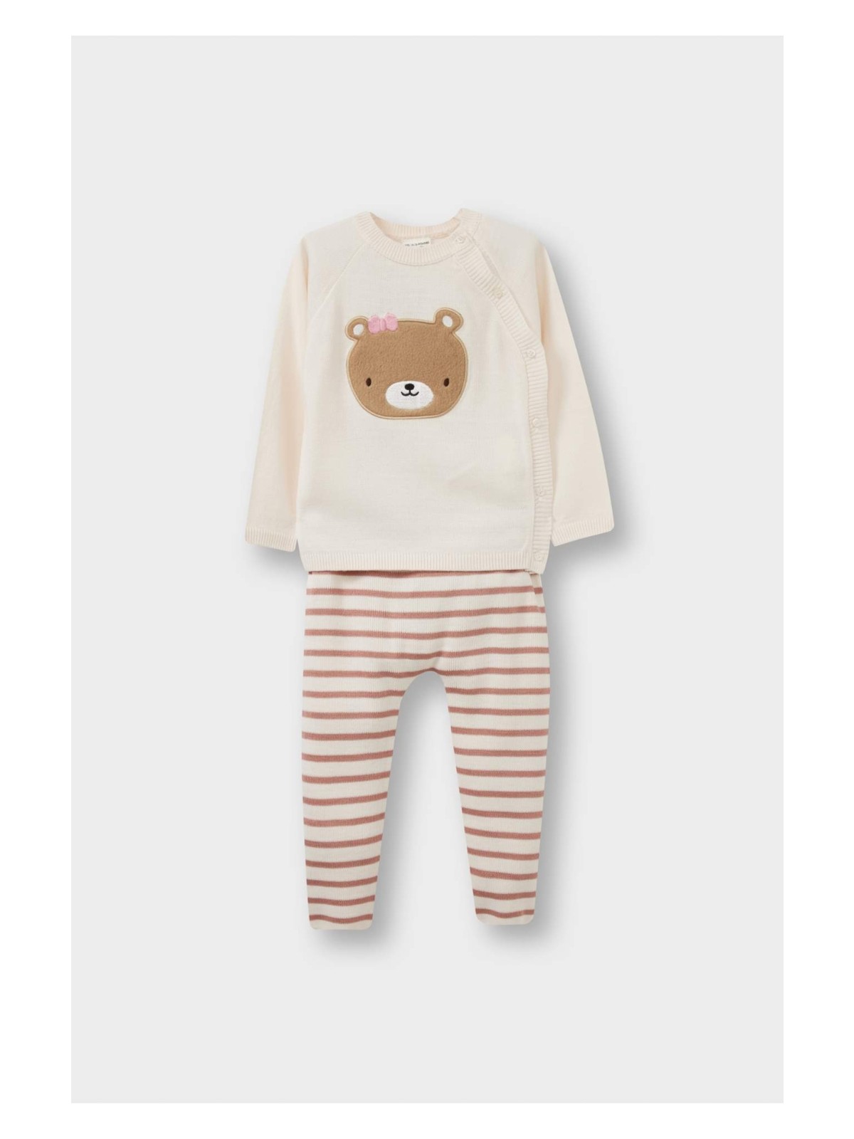 DeFacto 2'li Takım Ayı Baskılı Triko Düğmeli Hırka Çizgili Alt Kız Bebek F3222A525WN
