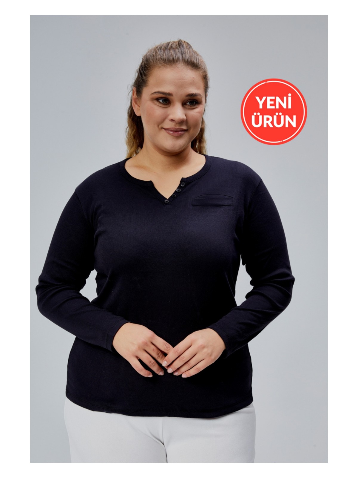 Banega Curve Büyük Beden %100 Pamuklu Likralı Bisiklet Yaka Basic Düz Uzun Kol Siyah Bluz