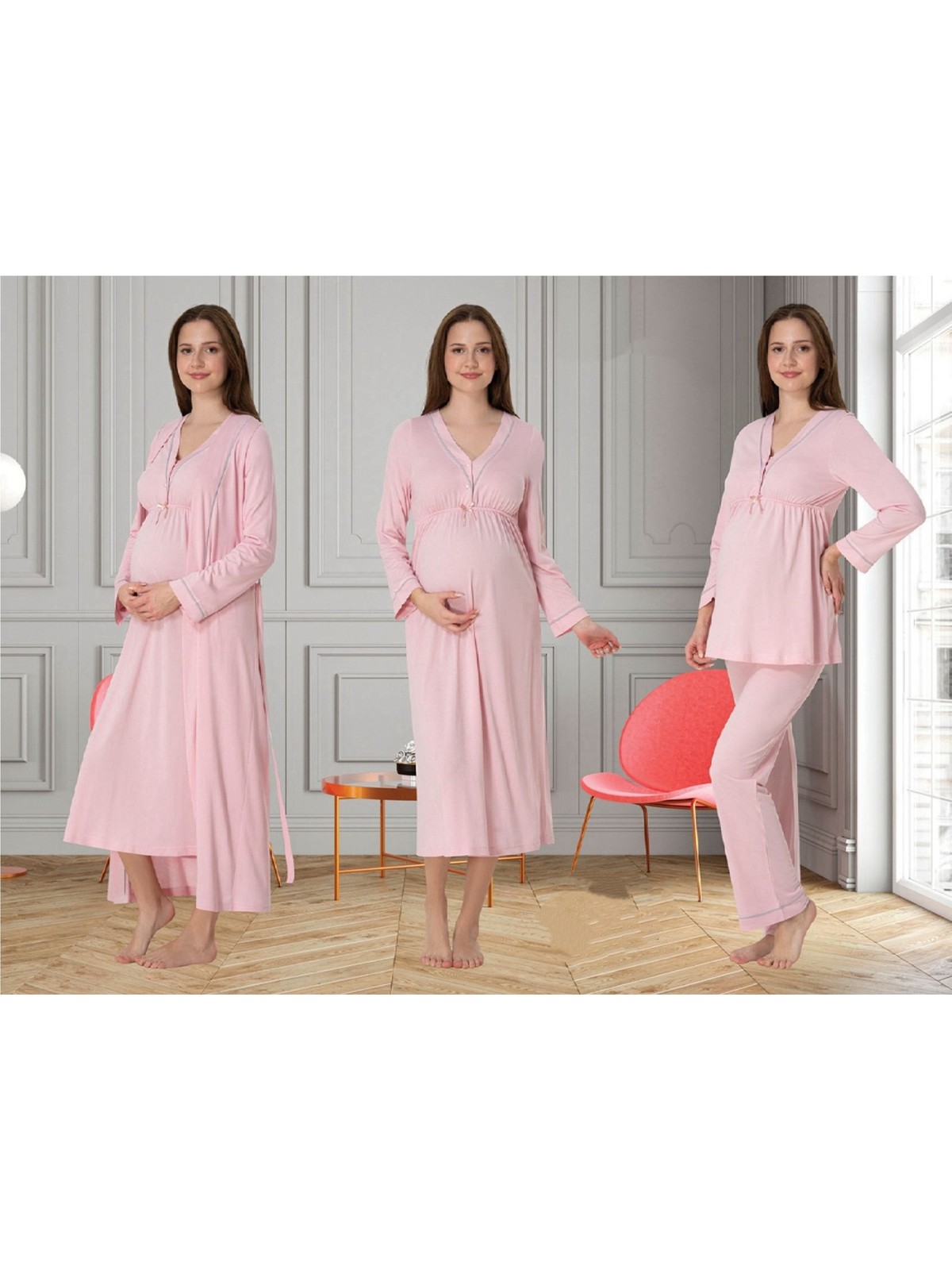 Effortt Dvina Effortt Lohusa 4'lü Set - Sabahlık/pijama Takımı/gecelik Mavi - 4056 - Görsel 6