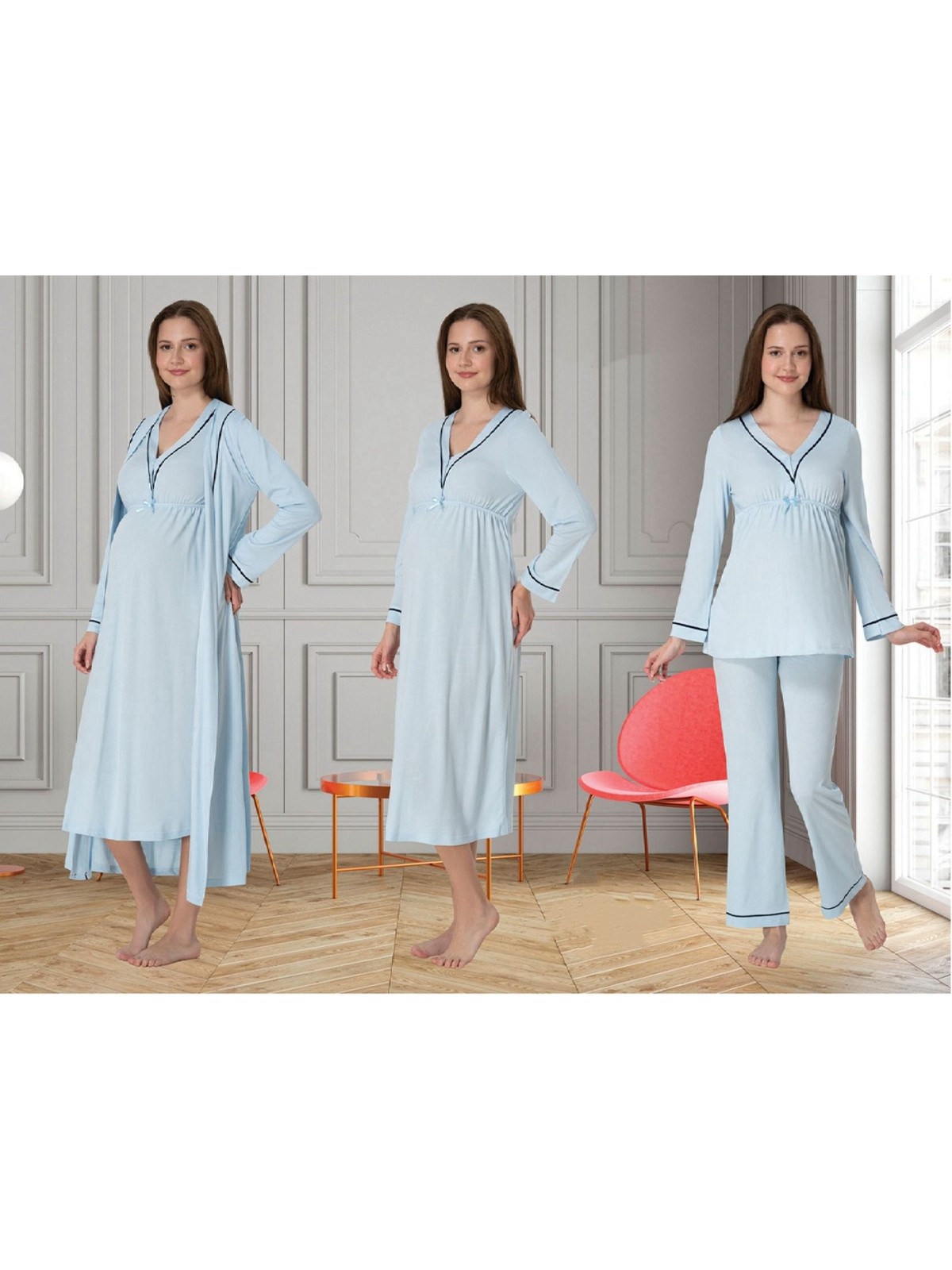 Effortt Dvina Effortt Lohusa 4'lü Set - Sabahlık/pijama Takımı/gecelik Mavi - 4056
