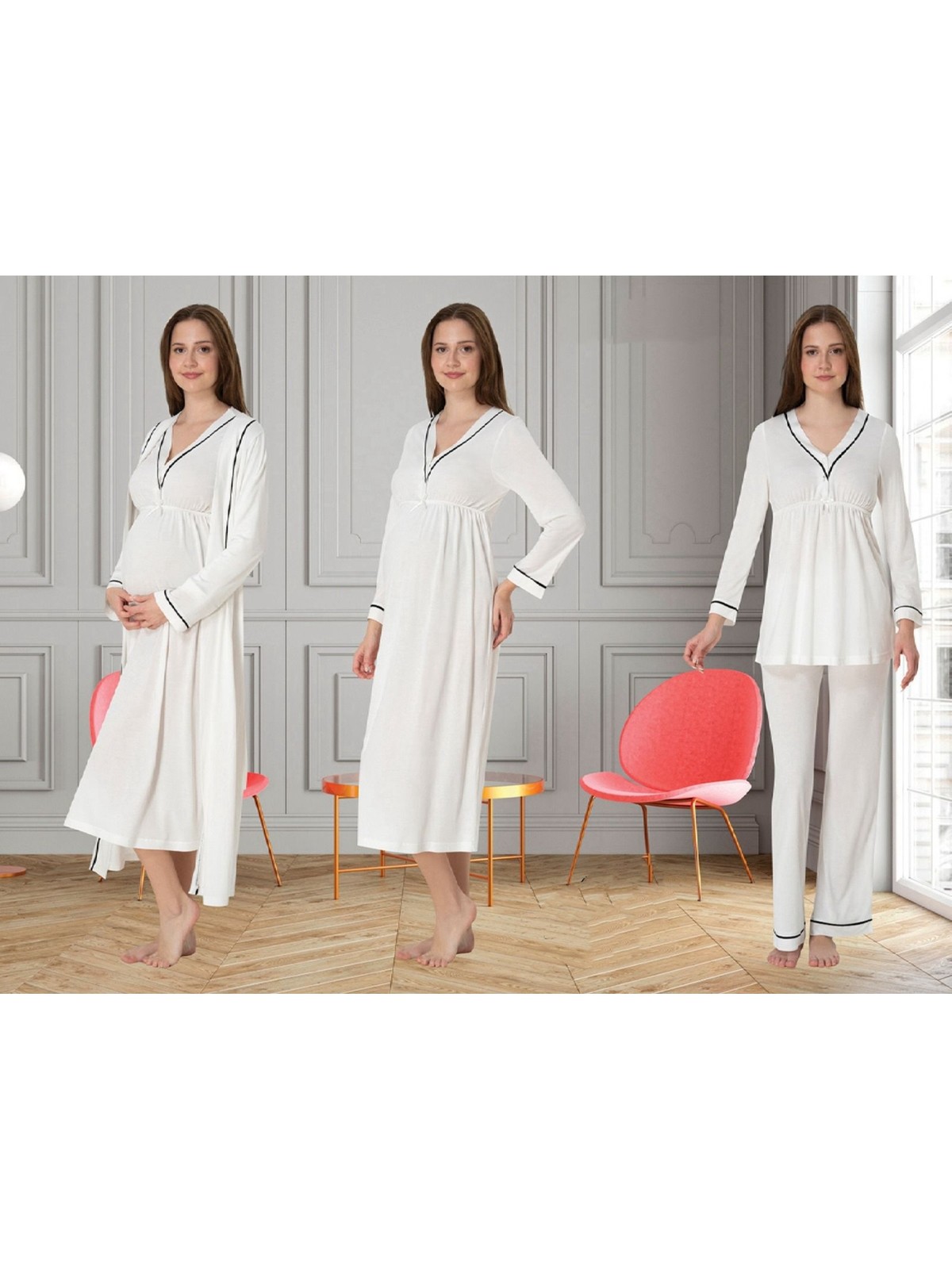 Effortt Dvina Effortt Lohusa 4'lü Set - Sabahlık/pijama Takımı/gecelik Pembe - 4056 - Görsel 3