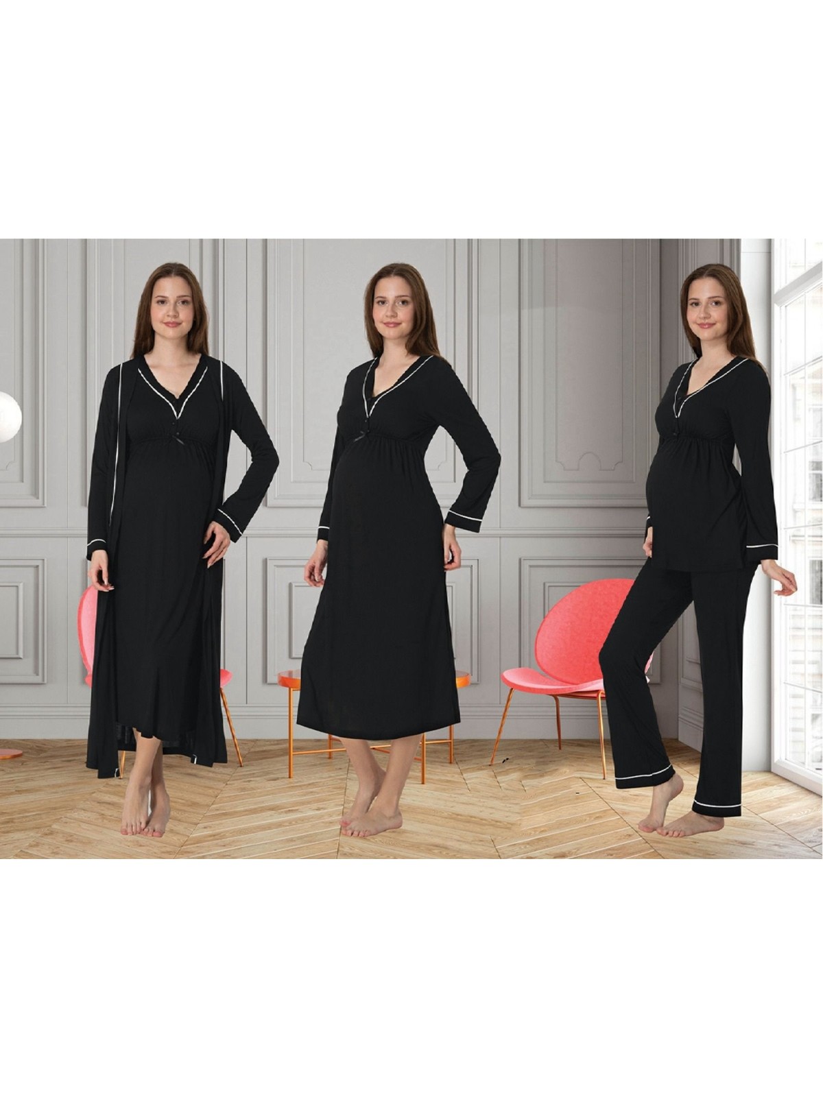 Effortt Dvina Effortt Lohusa 4'lü Set - Sabahlık/pijama Takımı/gecelik Lacivert - 4056 - Görsel 5