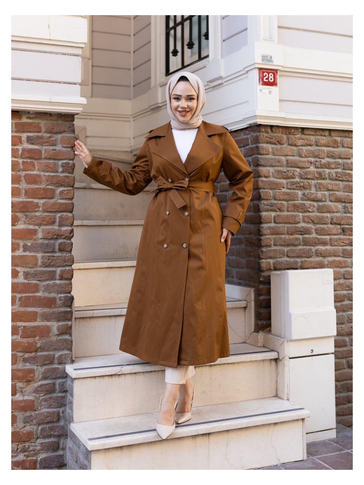 Harman Butik Kadın Düğmeli Kuşaklı Gri Trençkot - Görsel 6