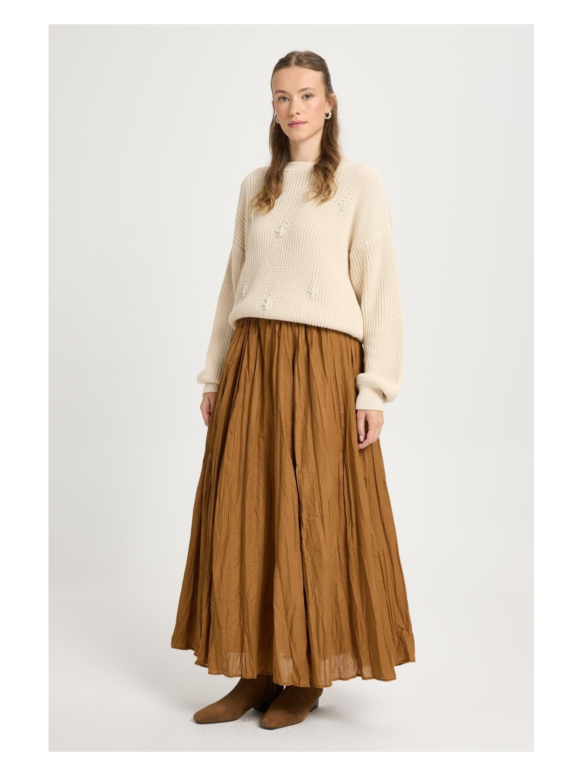 Minaaise Kadın Çağla Vual Kumaş Kırışık Uzun Astarlı Etek 29062 - Görsel 3