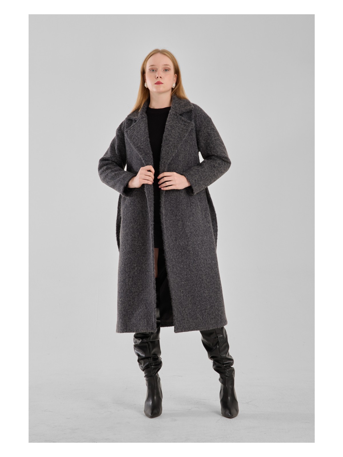 Bolivente Bej Buklet Kaşe Oversize Kaban - Görsel 8