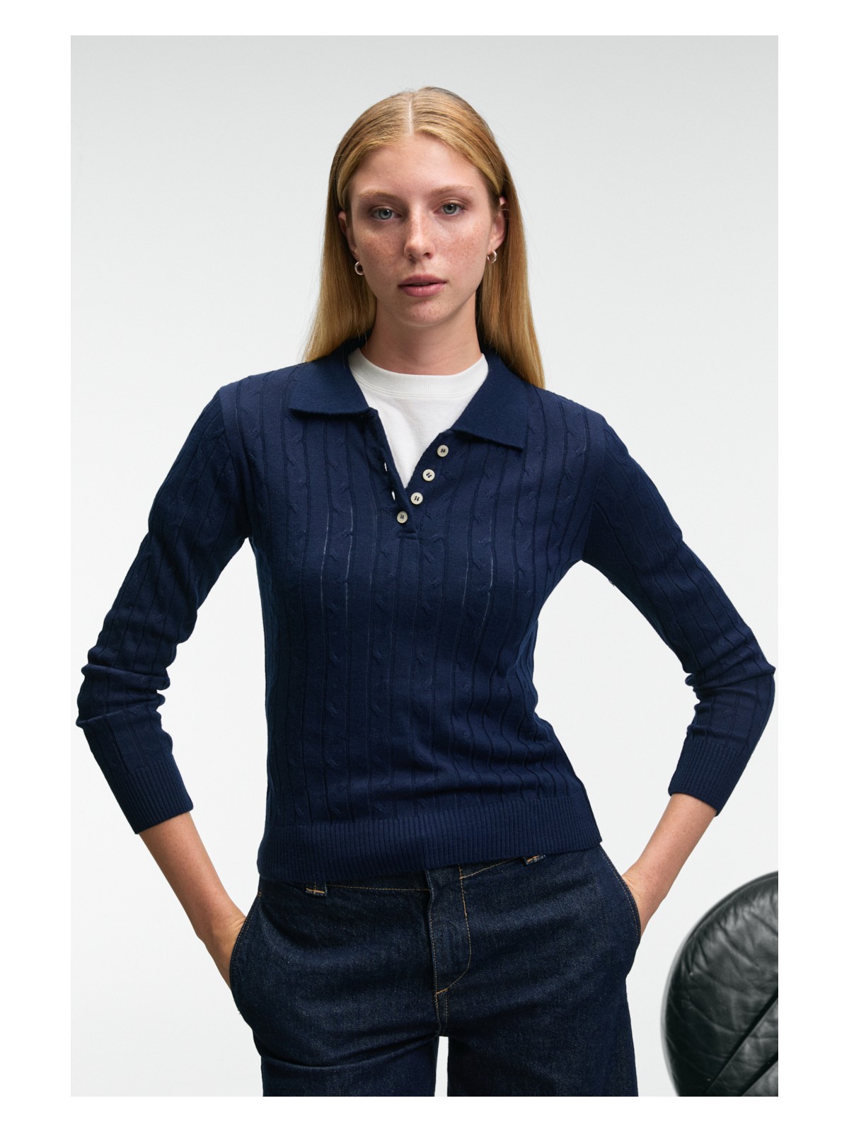 Grimelange CASTANA Kadın Polo Yaka Düğmeli Regular Fit Triko Ekru Kazak - Görsel 3