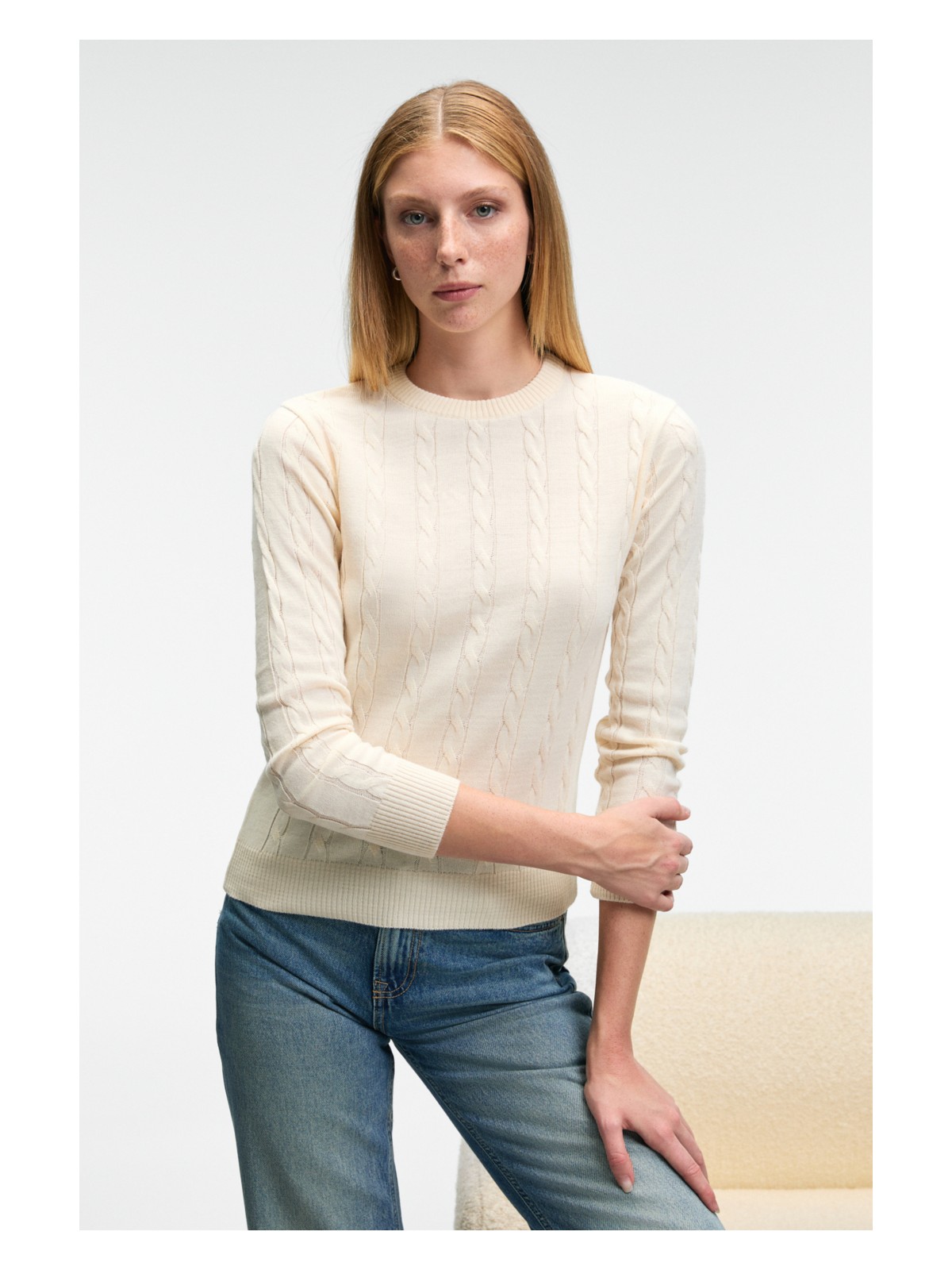 Grimelange QUERIDA Kadın Yuvarlak Yaka Saç Örgülü Regular Fit Triko Kırmızı Kazak - Görsel 6