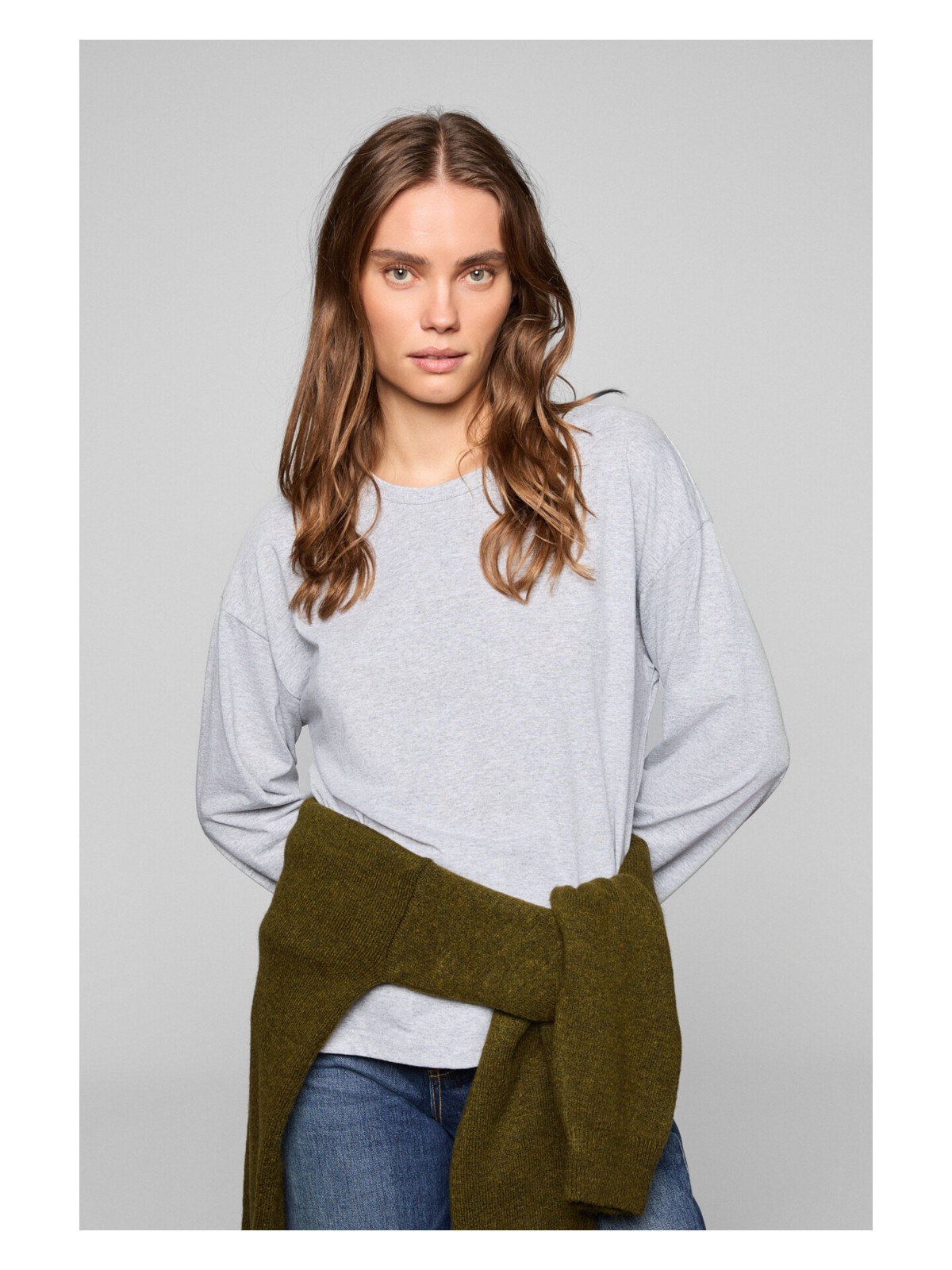 Grimelange Basıl Kadın %100 Organik Pamuk Bisiklet Yaka Oversize Fit Uzun Kollu Grimelanj T-Shirt