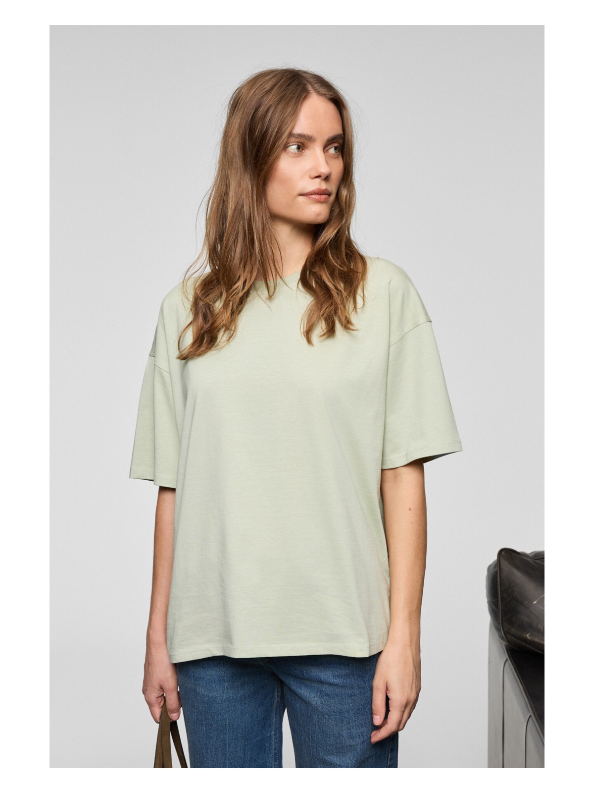 Grimelange LAGERTHA Kadın %100 organik Pamuklu Kalın Dokulu Oversize Fit Yuvarlak Yakalı Mint Yeşil T-Shirt