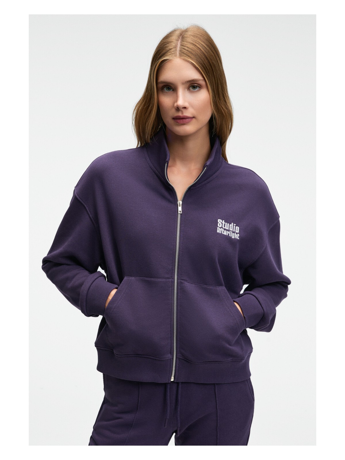 Grimelange TORINA Kadın Nakış Detaylı Fermuarlı Çift Cepli Relax Mor Ceket