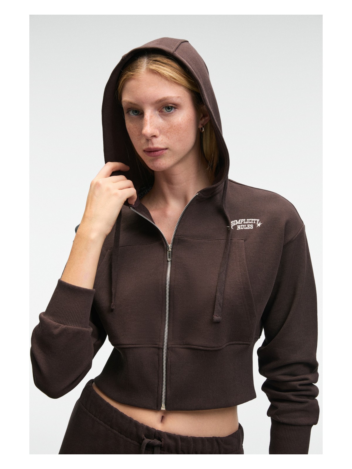 Grimelange Elara Kadın Metal Fermuarlı Nakışlı Kapüşonlu Crop Sarı Sweatshirt - Görsel 7