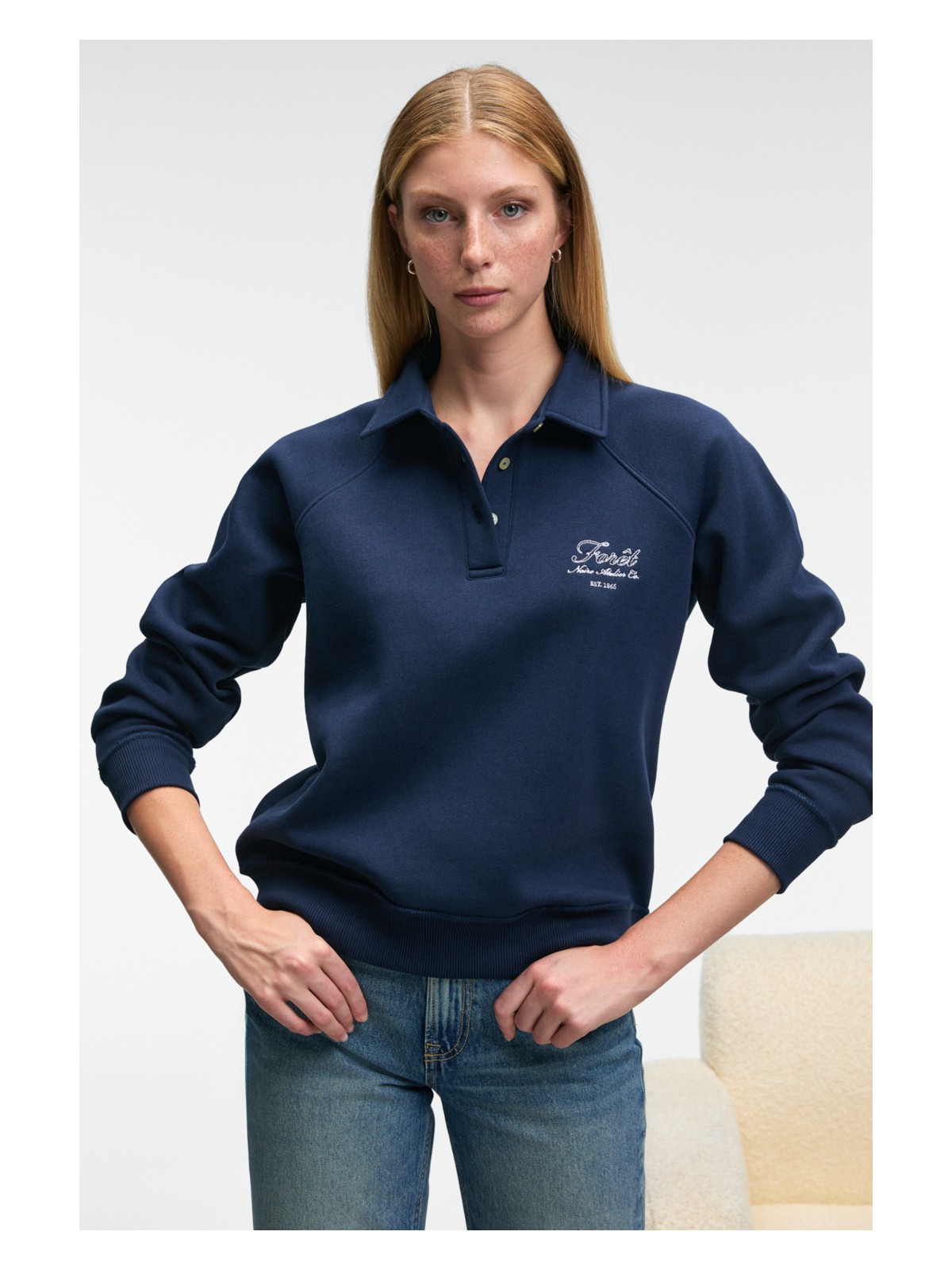 Grimelange CAMIREL Kadın Polo Yaka Düğmeli Nakış Detaylı Reglan Kol Comfort Fit Turuncu Sweatshirt - Görsel 4