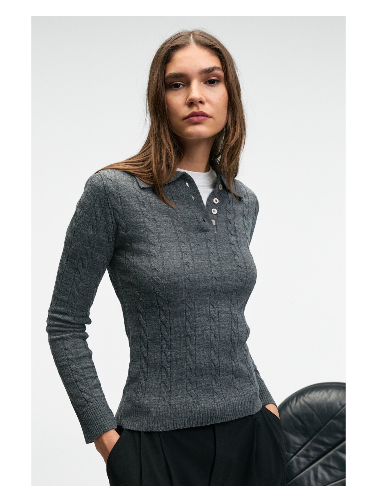 Grimelange CASTANA Kadın Polo Yaka Düğmeli Regular Fit Triko Ekru Kazak - Görsel 4