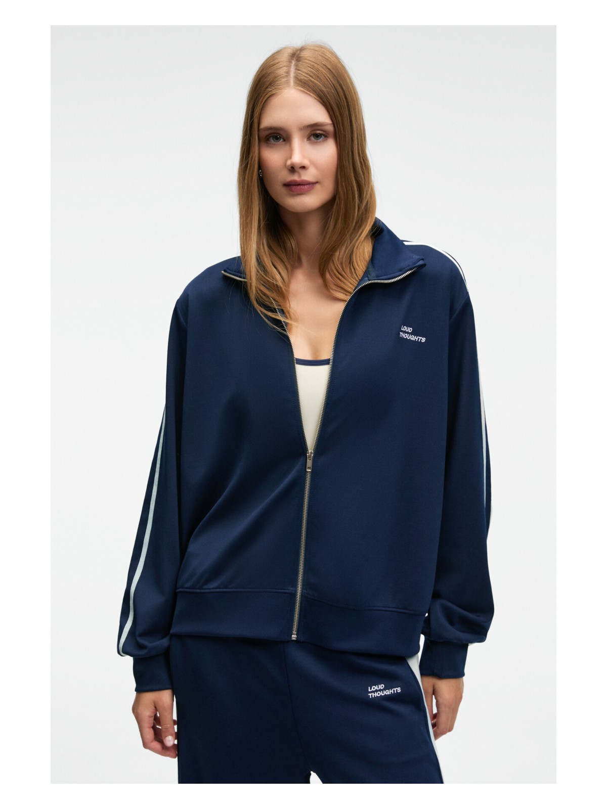 Grimelange ZINNIE Kadın Regular Nakış Ve Yan Şerit Detaylı Metal Fermuarlı Dik Yaka Lacivert Ceket