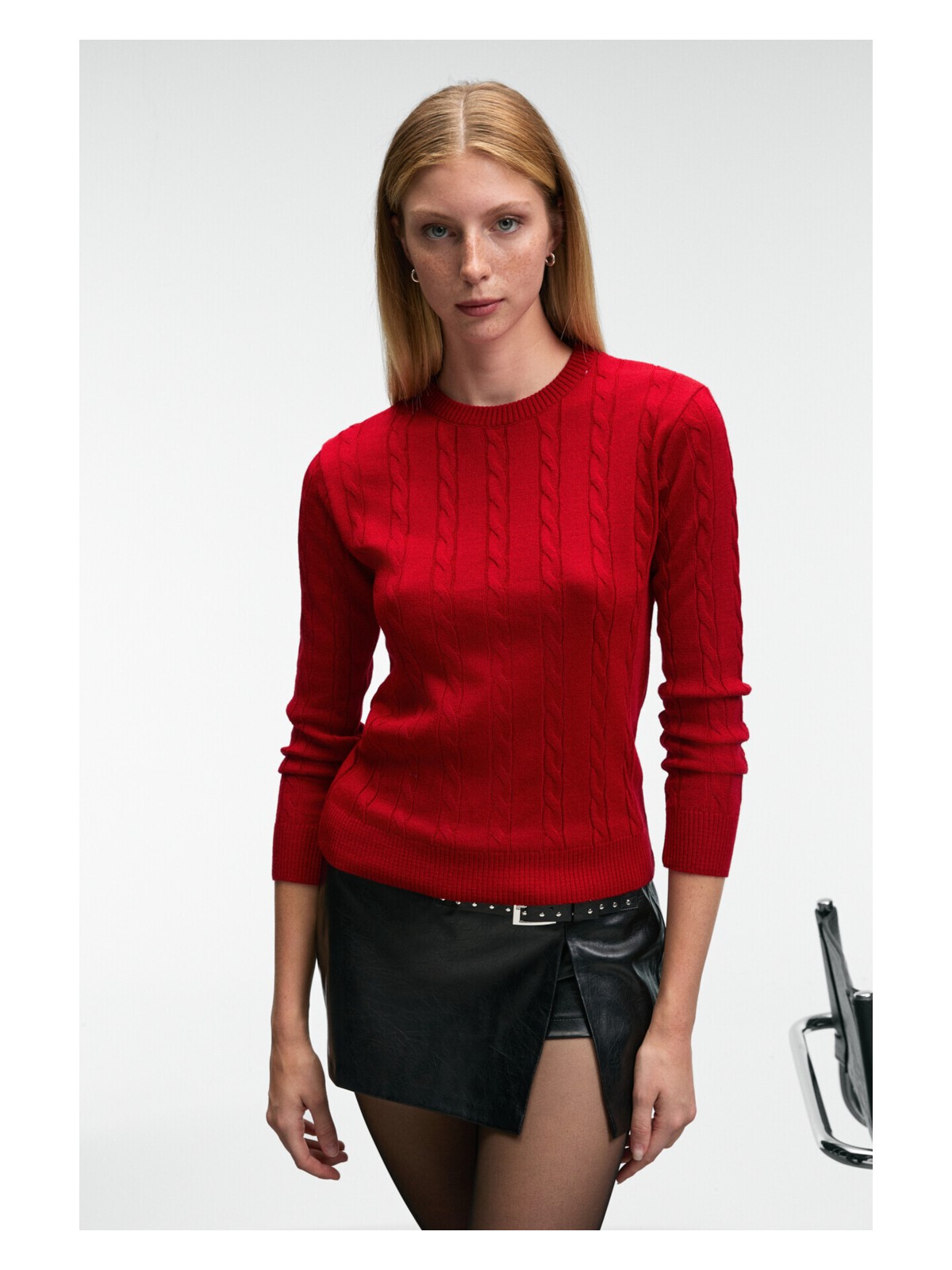 Grimelange QUERIDA Kadın Yuvarlak Yaka Saç Örgülü Regular Fit Triko Kırmızı Kazak