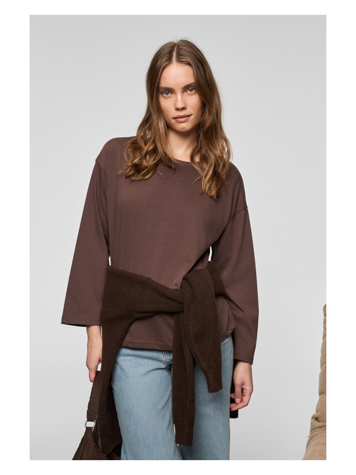 Grimelange BASIL Kadını Oversize %100 Organik Pamuk Örme Uzun Kol Koyu Kahverengi T-Shirt