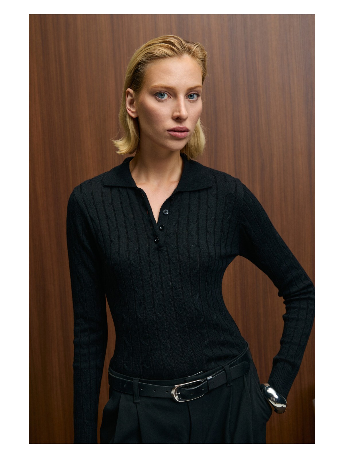 Grimelange CASTANA Kadın Polo Yaka Düğmeli Regular Fit Triko Ekru Kazak - Görsel 6