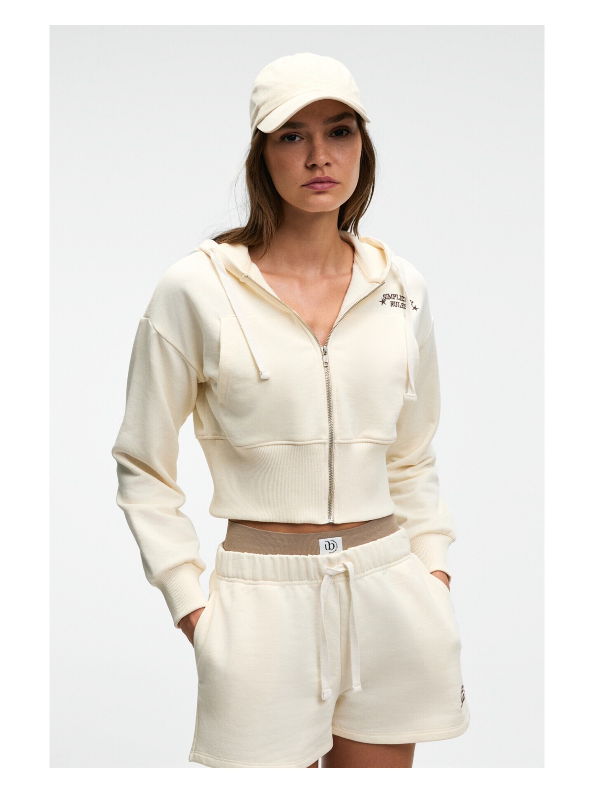 Grimelange Elara Kadın Metal Fermuarlı Nakışlı Kapüşonlu Crop Sarı Sweatshirt - Görsel 8