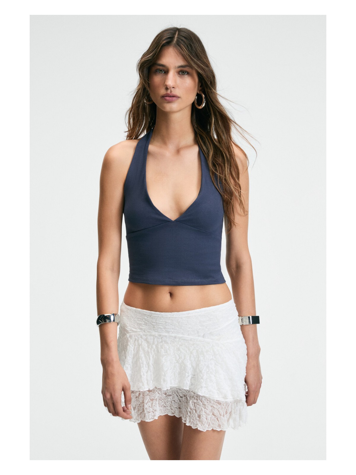 Grimelange MORIENNE Kadın Halter Yaka Kalın Askılı Sırtı Açık Crop Siyah Bluz - Görsel 7