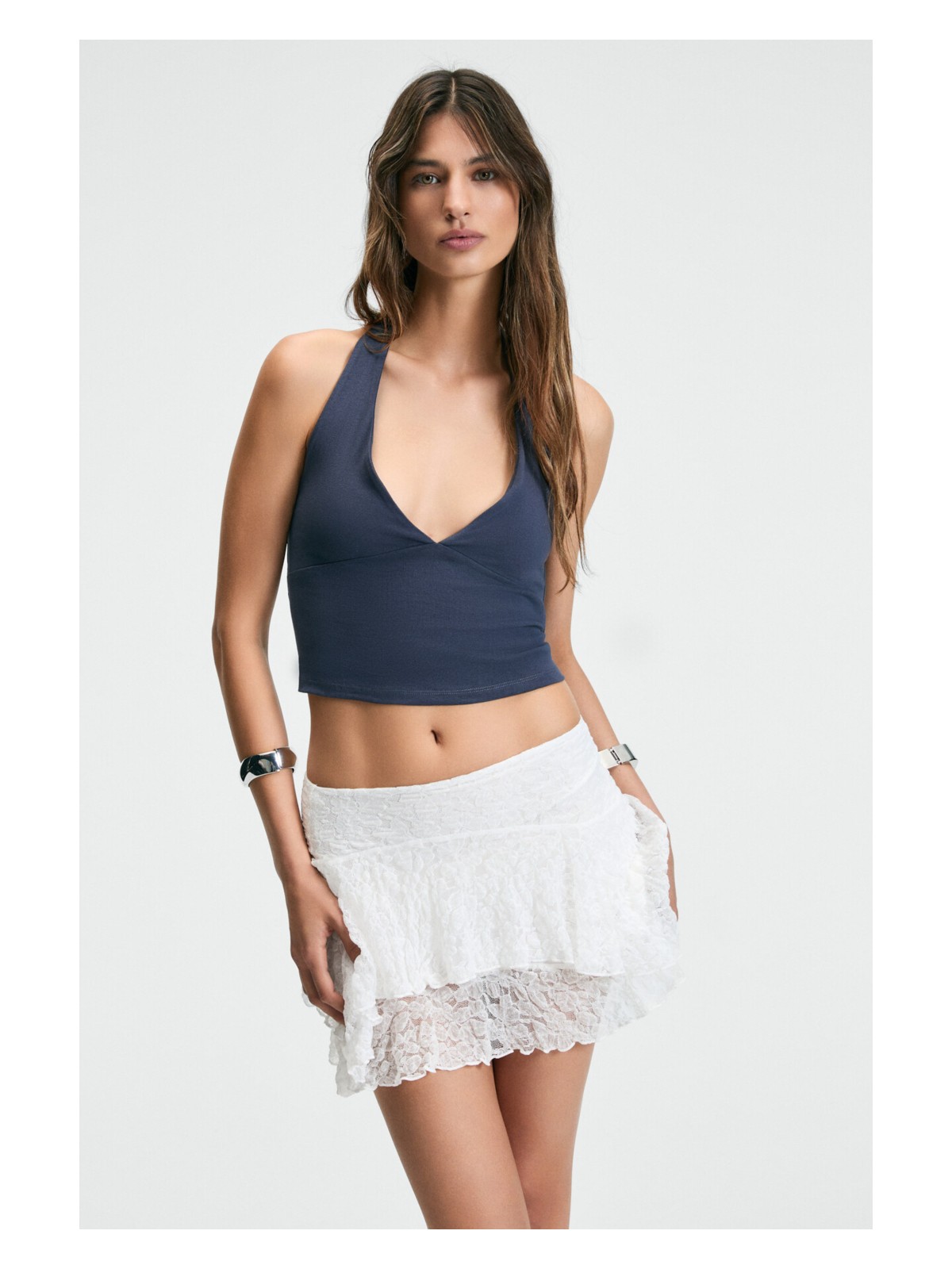 Grimelange MORIENNE Kadın Halter Yaka Kalın Askılı Sırtı Açık Crop Lacivert Bluz - Görsel 2