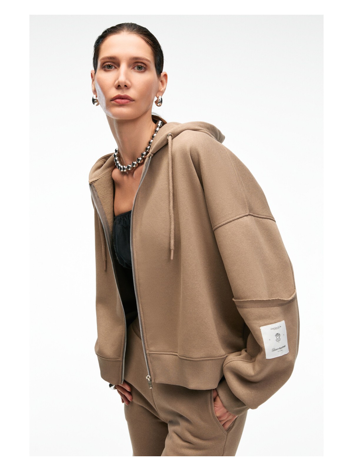 Grimelange VIVIENNE Kadın Metal Fermuarlı Kapüşonlu Kolda Süs Etiket Ve Cep Detaylı Antrasit Sweatshirt - Görsel 5