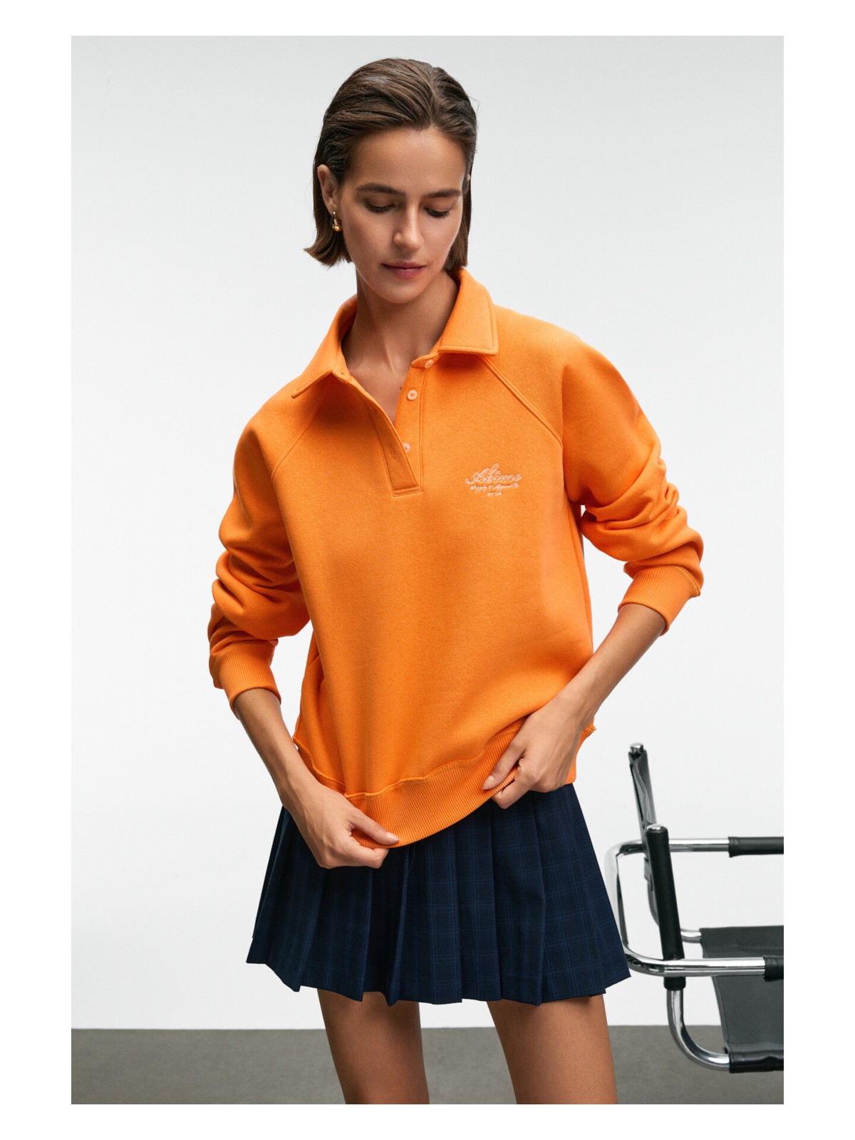 Grimelange CAMIREL Kadın Polo Yaka Düğmeli Nakış Detaylı Reglan Kol Comfort Fit Turuncu Sweatshirt