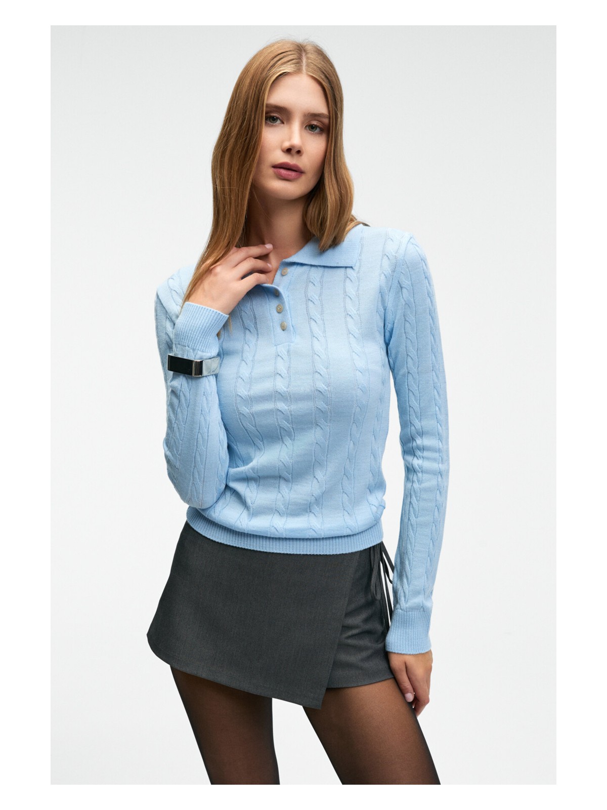 Grimelange CASTANA Kadın Polo Yaka Düğmeli Regular Fit Triko Mavi Kazak - Görsel 4