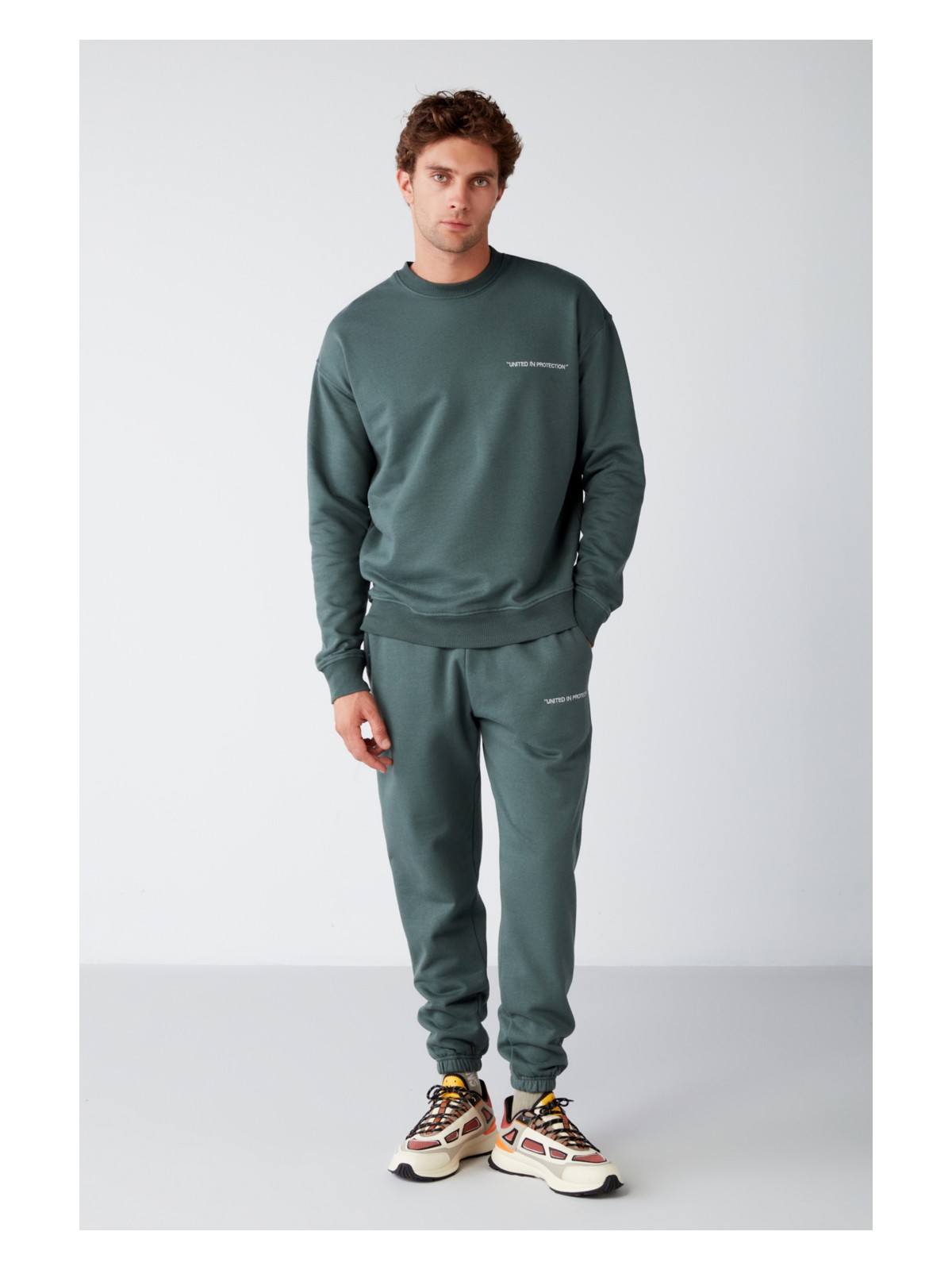 Grimelange Marshall Erkek Pamuklu Içi Polarlı Nakışlı Relaxed Koyu Yeşil Eşofman Takımı