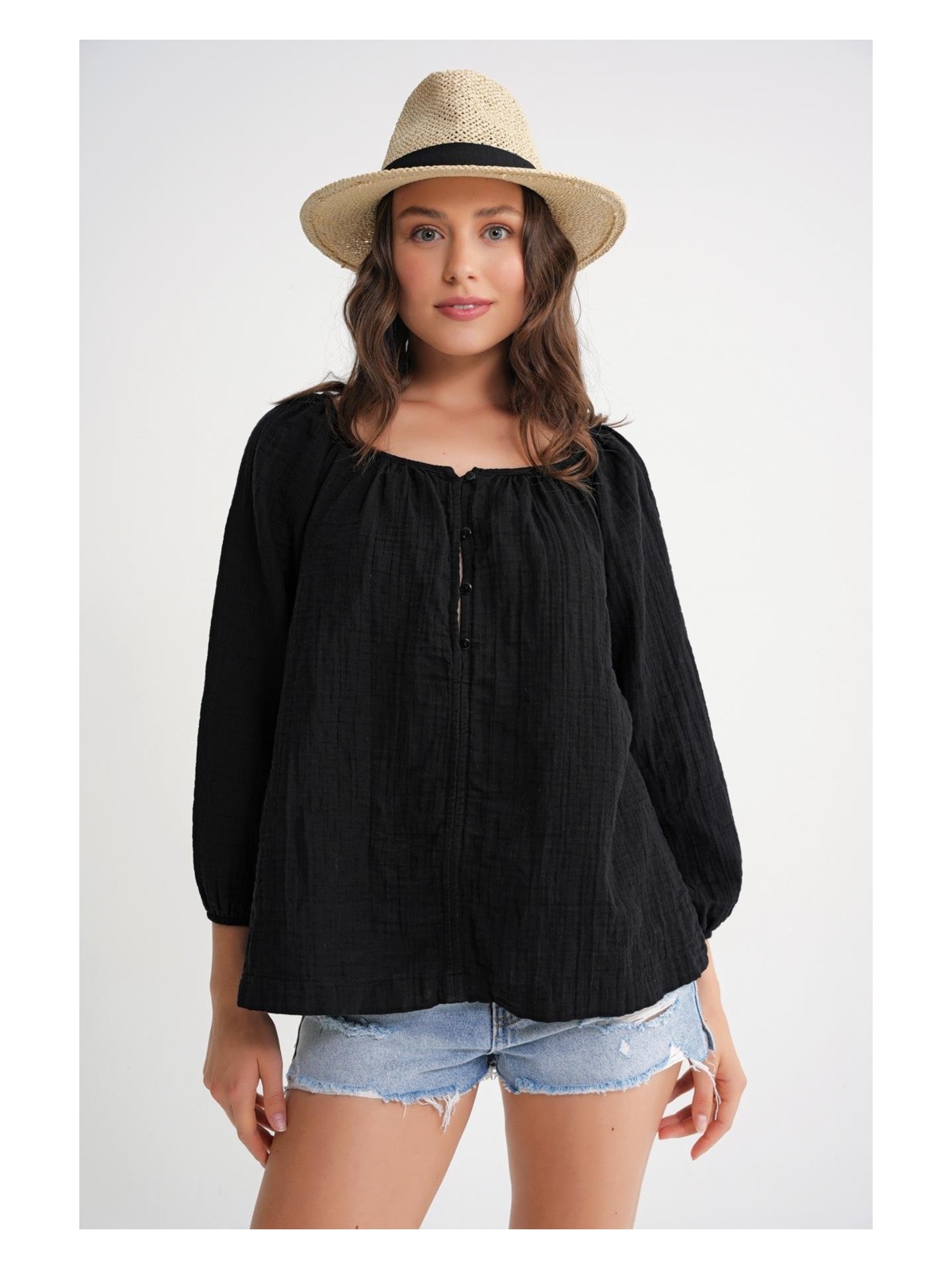 Mixray 4707 Kadın Yakası Büzgülü Kolu Lastikli Bol Müslin Bluz Lacivert - Görsel 5