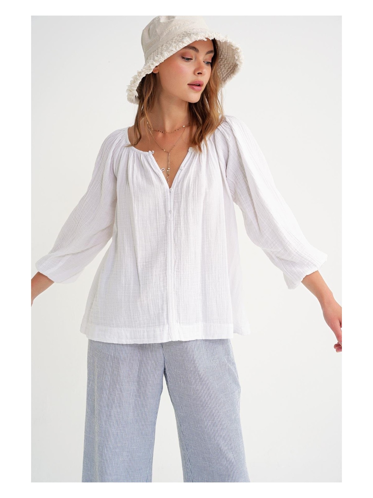 Mixray 4707 Kadın Yakası Büzgülü Kolu Lastikli Bol Müslin Bluz Pastel Sarısı - Görsel 3