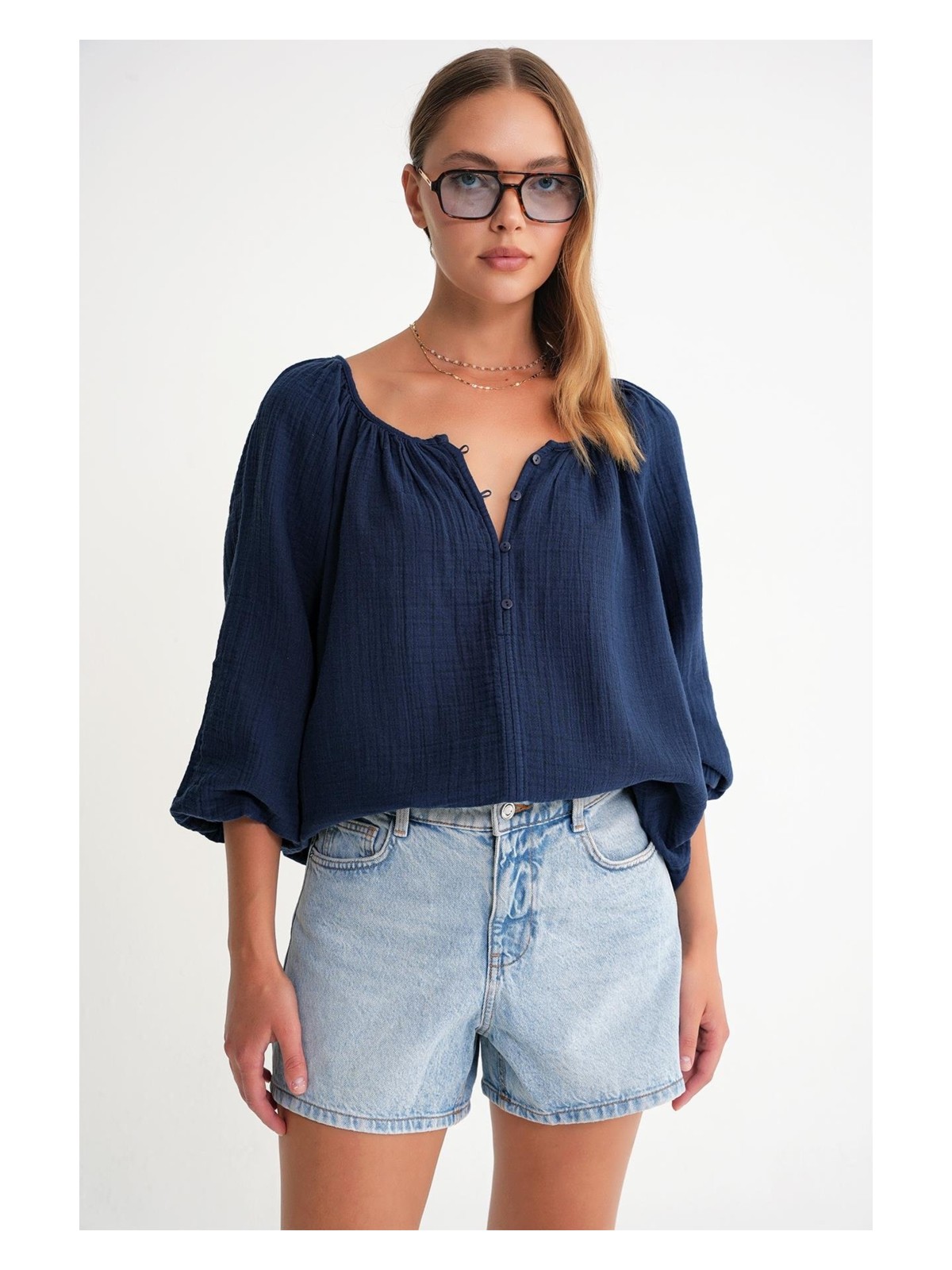 Mixray 4707 Kadın Yakası Büzgülü Kolu Lastikli Bol Müslin Bluz Pastel Sarısı - Görsel 4