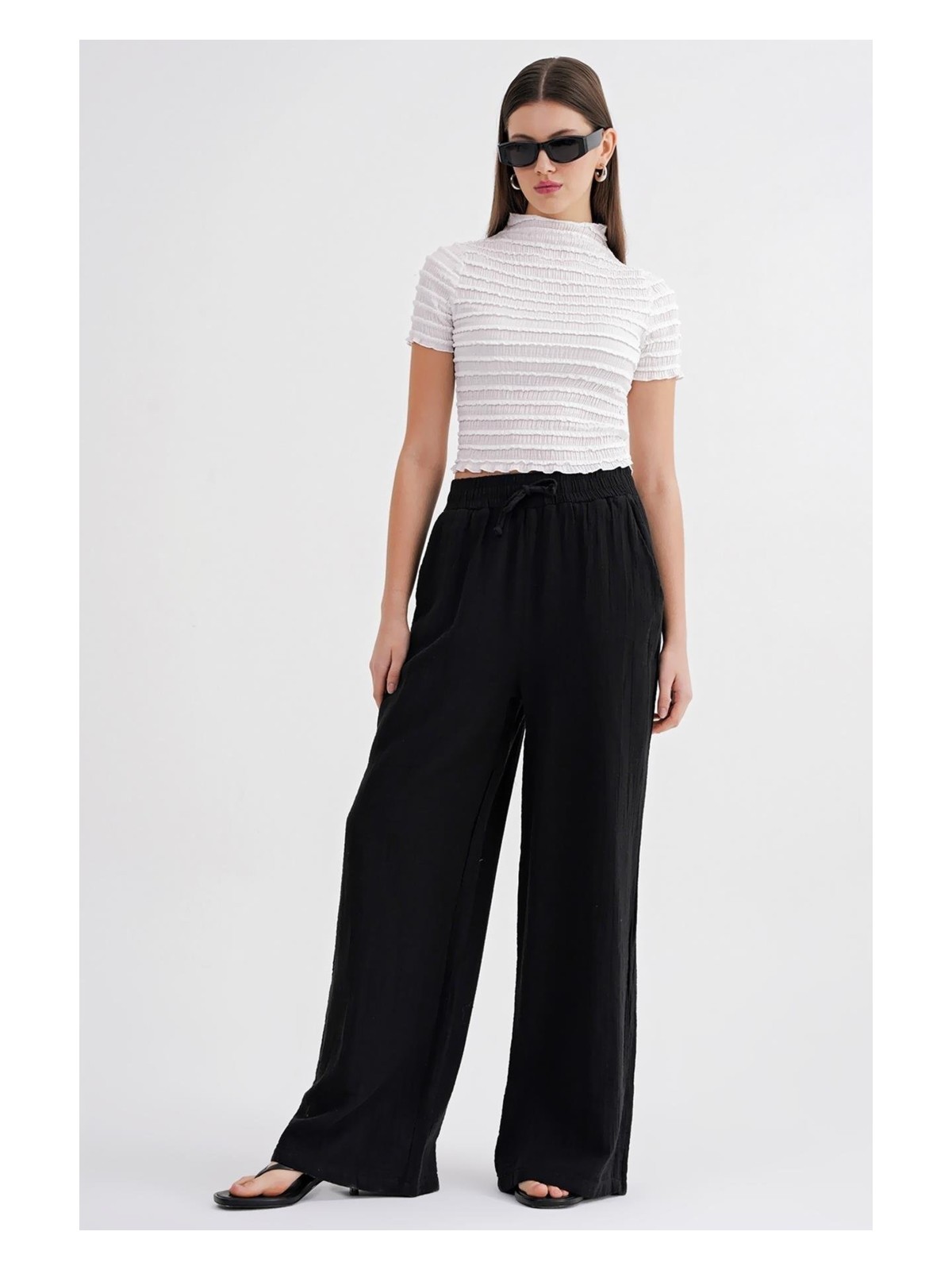 Mixray 4286 Kadın Bol Paça Beli Lastikli Müslin Palazzo Pantolon Kahve - Görsel 7